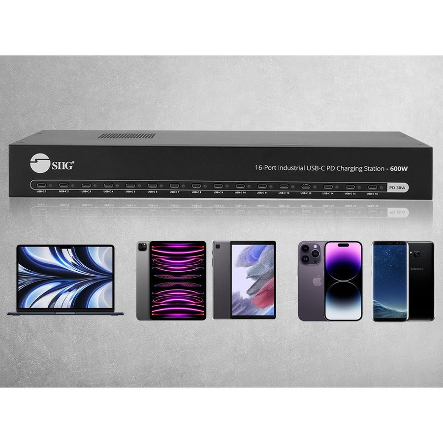 16 Port Industrial USB C PD Charging Station 600W - SIIG Industrial Grade Power Hub for Multiple Devices - Perfect for Offices, Warehouses, and Workshops