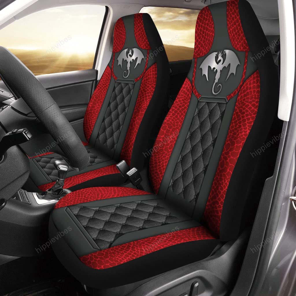 Dragon Red Leather Pattern 3D Car Seat Covers - Metal Dragon Design Front Seat Protectors for Cars, Trucks & Vans (Set of 2) | UV Protection & Stylish Interior Decor | Perfect Gift for Dragon Lovers & Automotive Enthusiasts