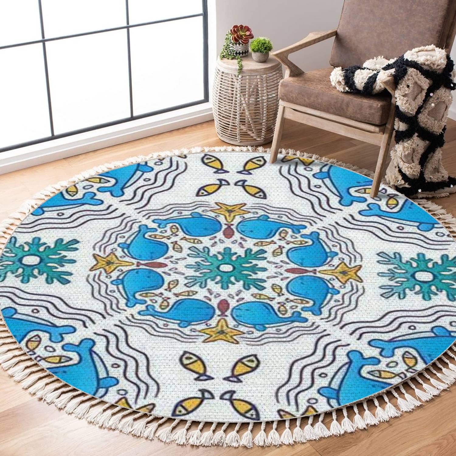 Boho Round Area Rugs with Mandala & Whale Design - 4 ft Seamless Woven Carpet for Bedroom, Bathroom, Laundry Room & Outdoor Use | Minimalist Home Decor for Coastal, Nursery or Boho Chic Spaces