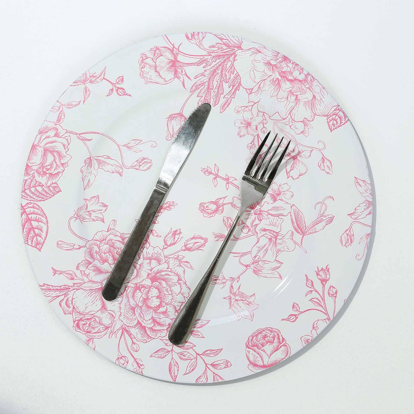 Efavormart 6-Pack White & Pink Floral Acrylic Charger Plates - French Toile Pattern Round Dinner Plates for Weddings, Parties & Events (13 Inch) - Elegant Table Decor for Dining & Special Occasions