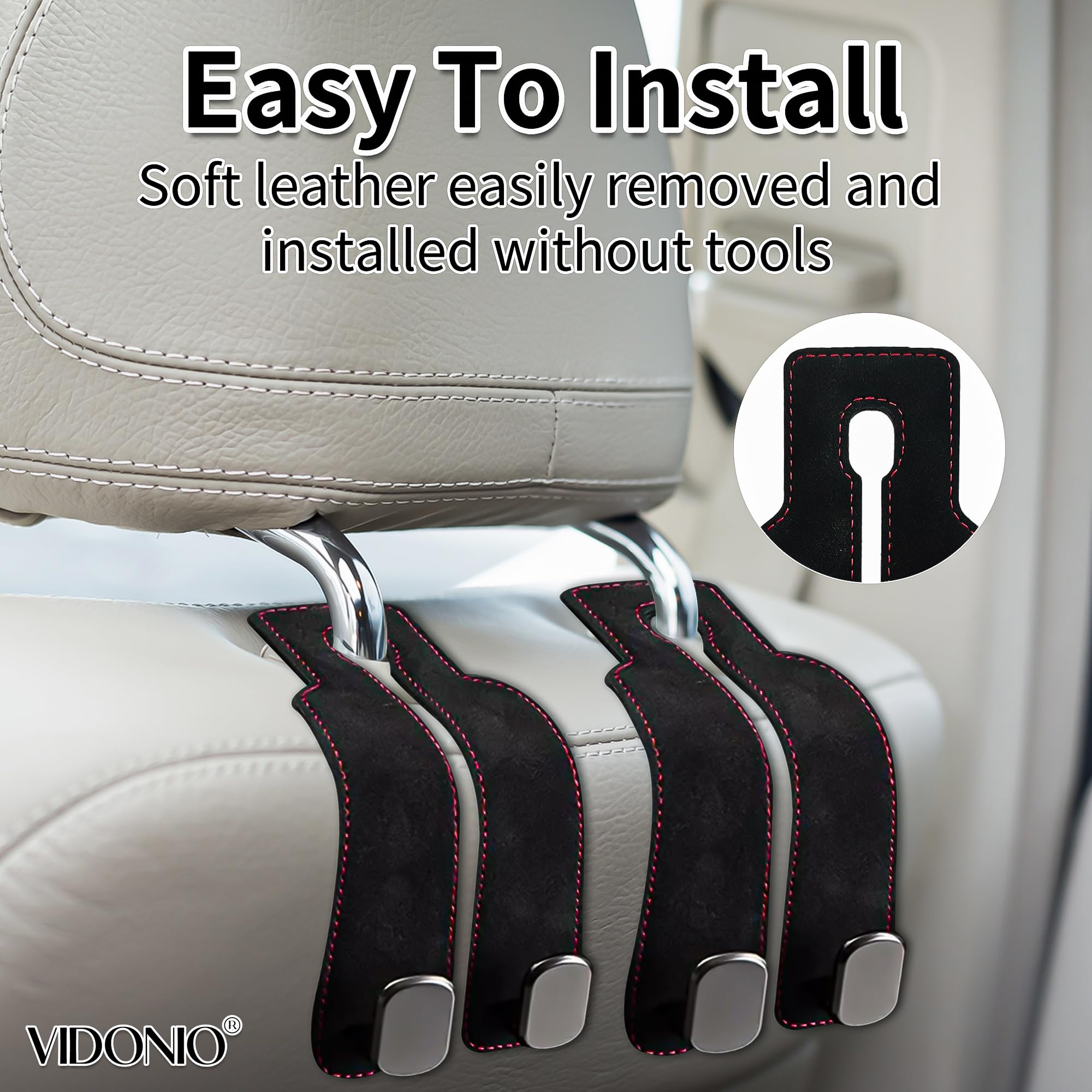 2 Pack Rotatable Car Seat Hooks for Headrest - Premium Leather Purse & Bag Holder - Car Storage Accessories for Handbags, Groceries & Shopping Bags (Black) - Perfect for Road Trips, Commuting & Daily Errands