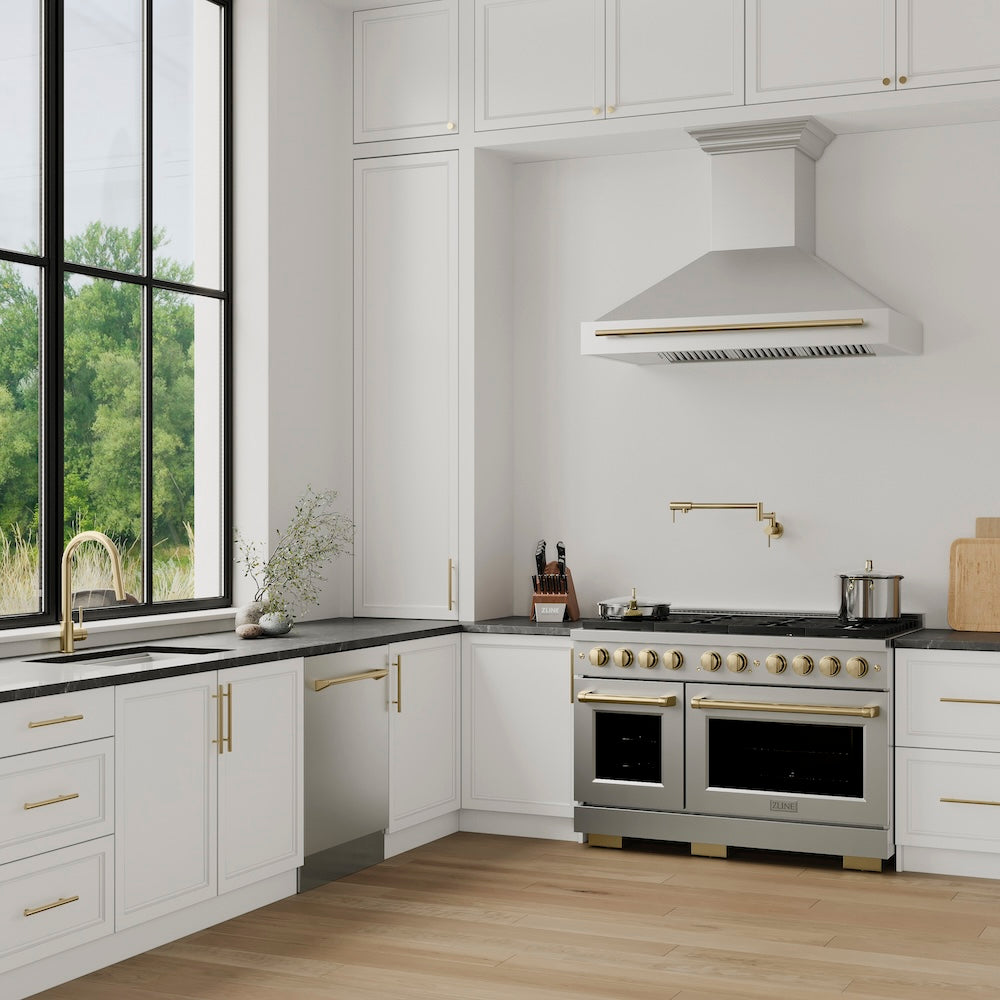 ZLINE Autograph Edition 48 Inch Stainless Steel Range Hood with Champagne Bronze Handle - Professional Kitchen Ventilation for Modern Homes (8654STZ 48 CB) - Perfect for Gourmet Cooking and Open-Concept Kitchens