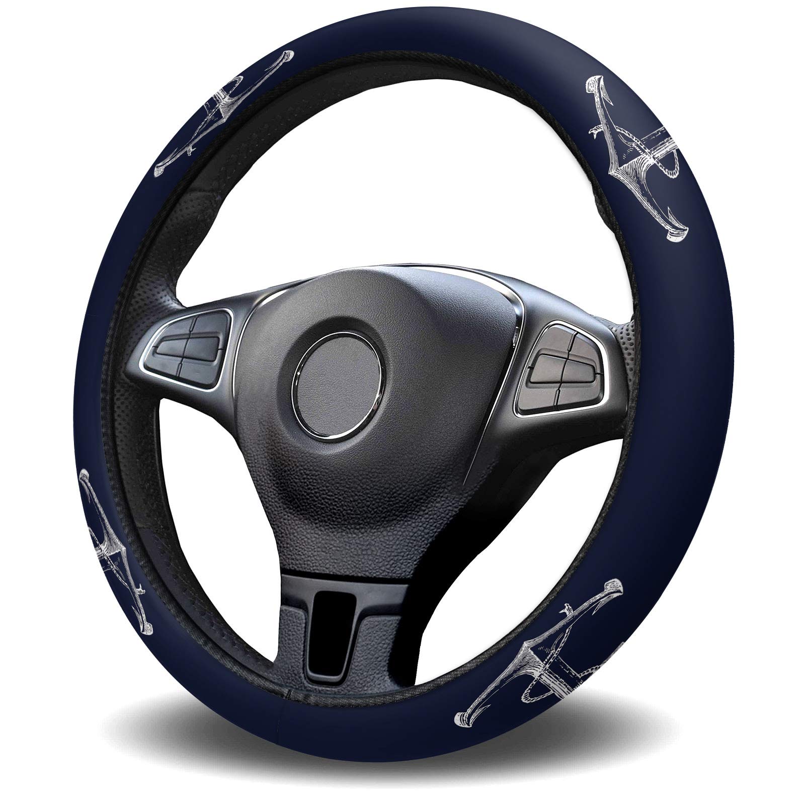 Nautical Anchor Steering Wheel Cover for Women & Men - Universal Quick Release Car Accessory (15 Inch, Navy Blue) - Perfect for Trucks, Cars & Autos - Enhance Grip & Protect Your Steering Wheel