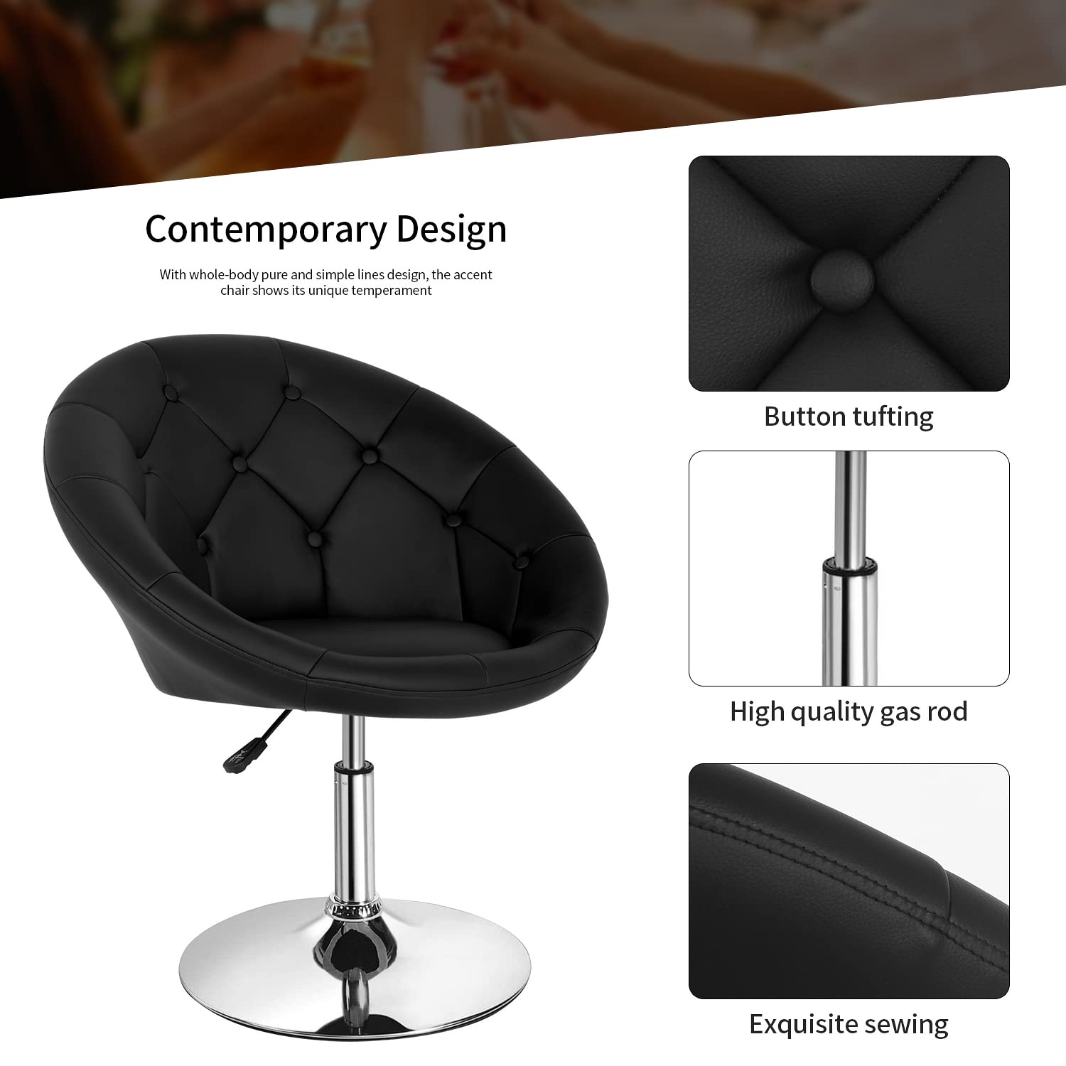 Modern Adjustable Swivel Makeup Chair - PU Leather Vanity Stool with Round Back, Height Adjustable for Living Room, Bedroom & Dressing Room - Grey Accent Chair for Makeup Table, Small Desk & Beauty Salon