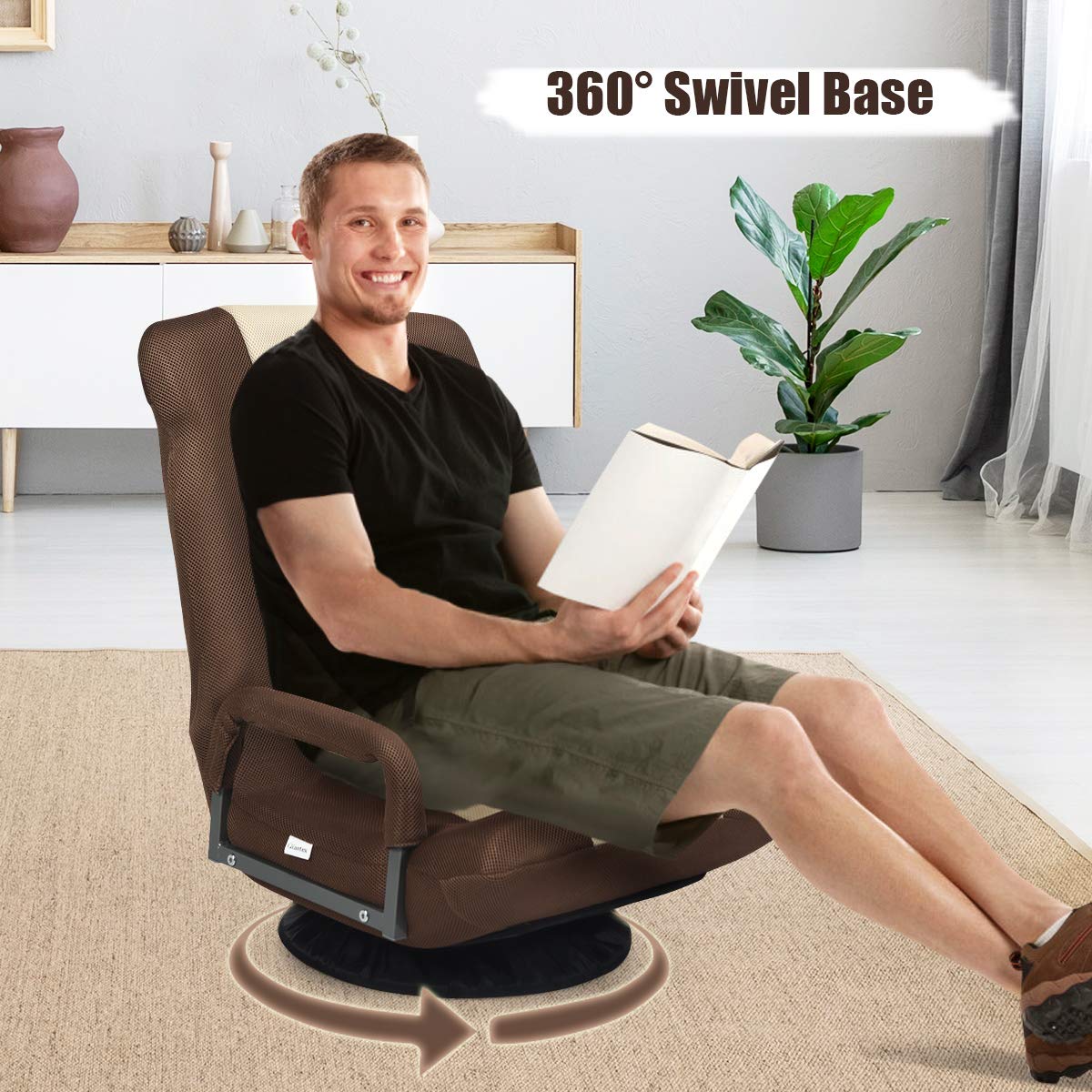 Giantex 360 Degree Swivel Floor Chair - Adjustable Backrest with Lumbar Support & Armrests, Foldable Lazy Sofa Rocker for Living Room, Bedroom, Gaming, TV Watching, Reading - Beige/Brown Home Comfort Chair