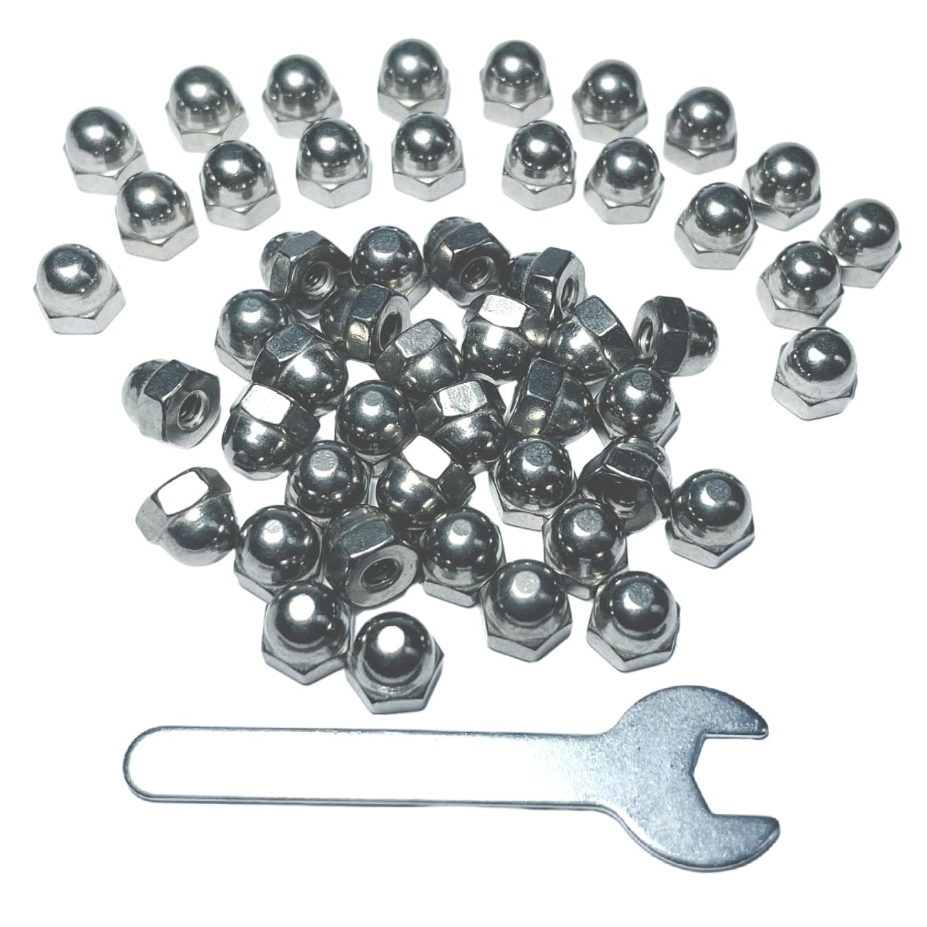 50pcs #8-32 Acorn Cap Nuts, 304 Stainless Steel Dome Head Hex Nuts with Bright Finish - 18-8 Grade Hardware Nuts for Furniture, Automotive & DIY Projects - Includes Open End Wrench for Easy Installation