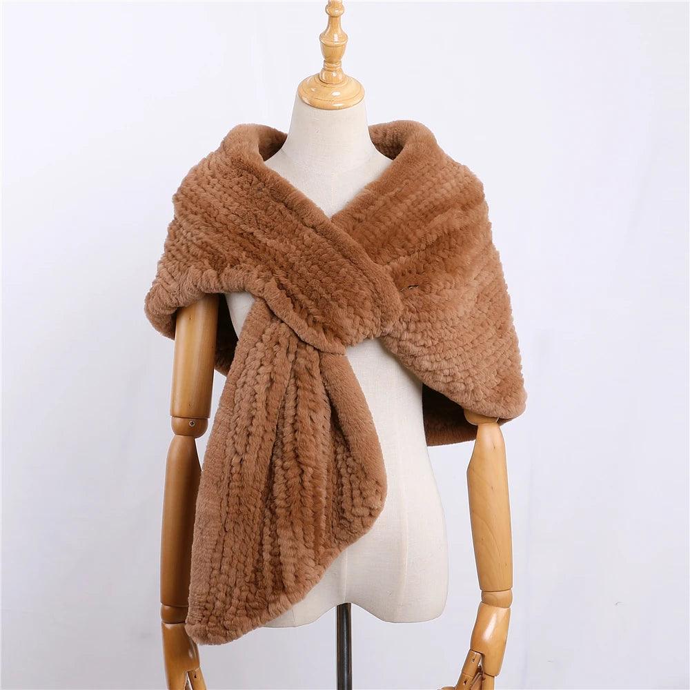 Luxury Hand-Knitted Women's Winter Rex Rabbit Fur Cape Shawl - Warm Elegant Wrap for Cold Weather, Parties & Special Occasions
