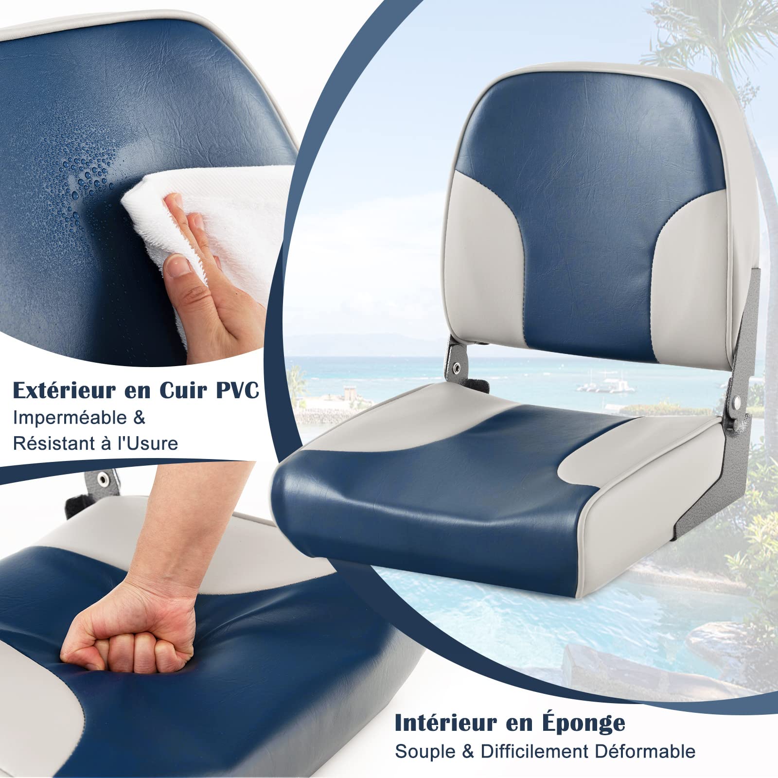 GOPLUS - 2 Pack Foldable Boat Seats, Padded Ergonomic Low Back Fishing Boat Chairs for Sailboat, Yacht, Pontoon - 41 x 49 x 47 cm, 180kg Capacity - Perfect for Fishing Trips & Water Adventures