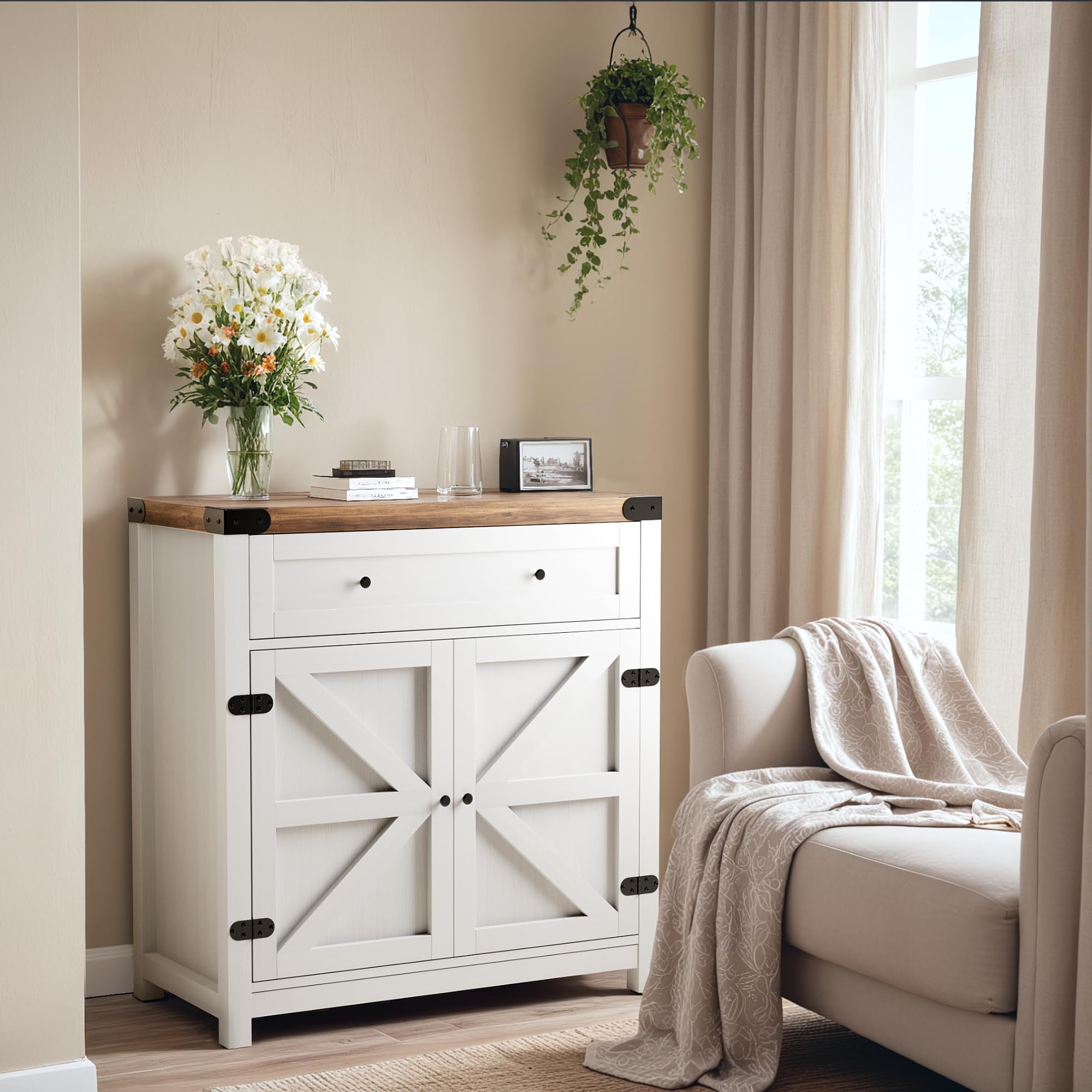 YESHOMY Farmhouse Coffee Bar Cabinet with Barn Door - Rustic White Buffet Sideboard with Drawer & Adjustable Shelf - Wide Desktop for Kitchen, Dining Room, Bathroom, Entryway - Perfect for Coffee Station, Storage & Home Decor