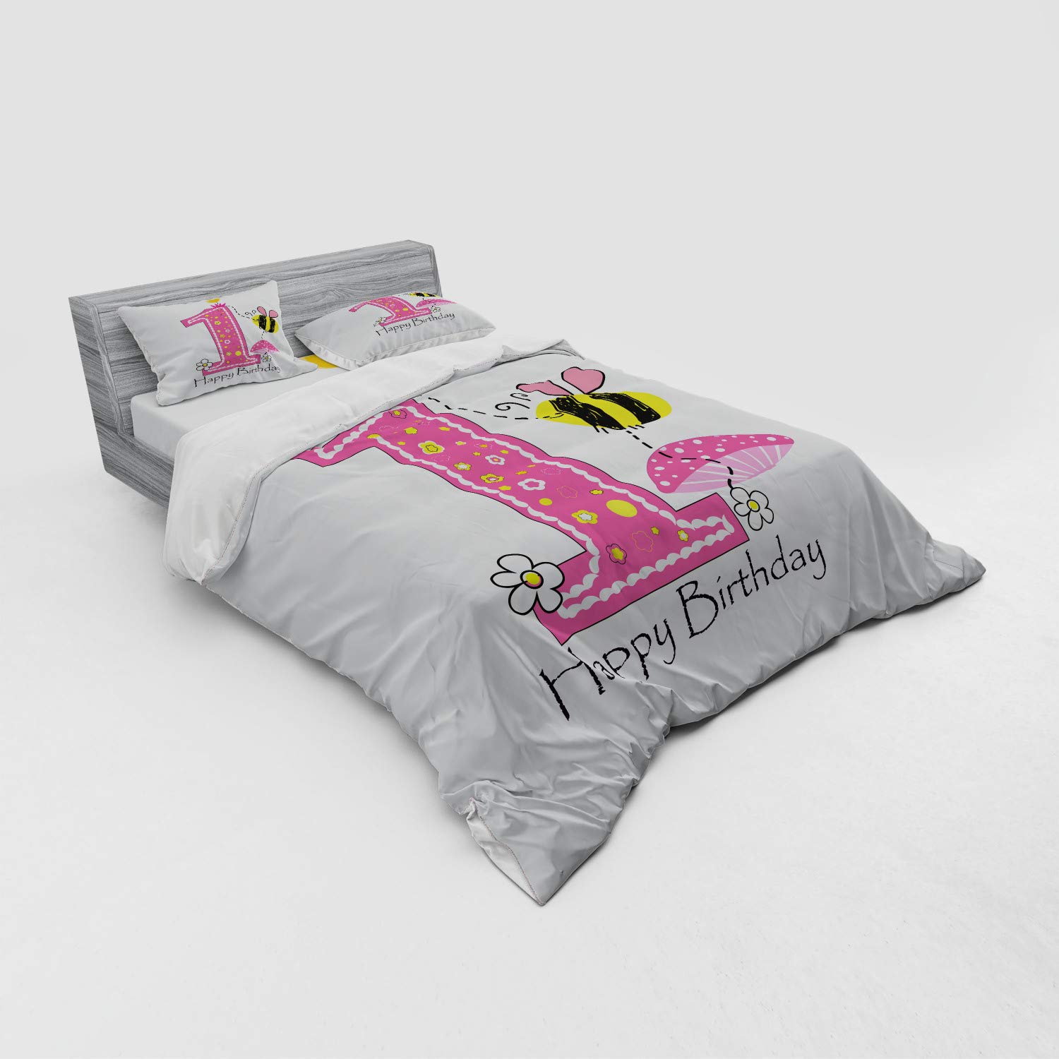 Ambesonne 1st Birthday Duvet Cover Set - Cartoon Bee Party Cake & Candle Print 4-Piece Bedding Set with Shams & Fitted Sheet, Queen Size (Pink, Black, Yellow) - Perfect for Kids' Birthday Parties & Nursery Decor