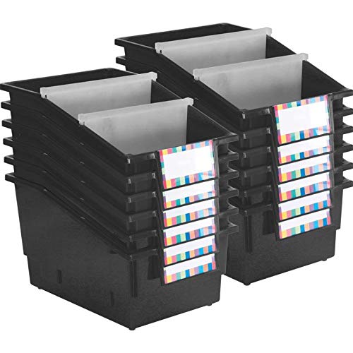 Really Good Stuff Plastic Shelf Bin Organizer - 12 Pack Black Chapter Book Library Bins with Dividers, 8.75x13.5x7.75 Inches for Classroom Organization, Books, Documents, Files & Magazines Storage - Perfect for School Libraries, Office Supplies and Home Organization