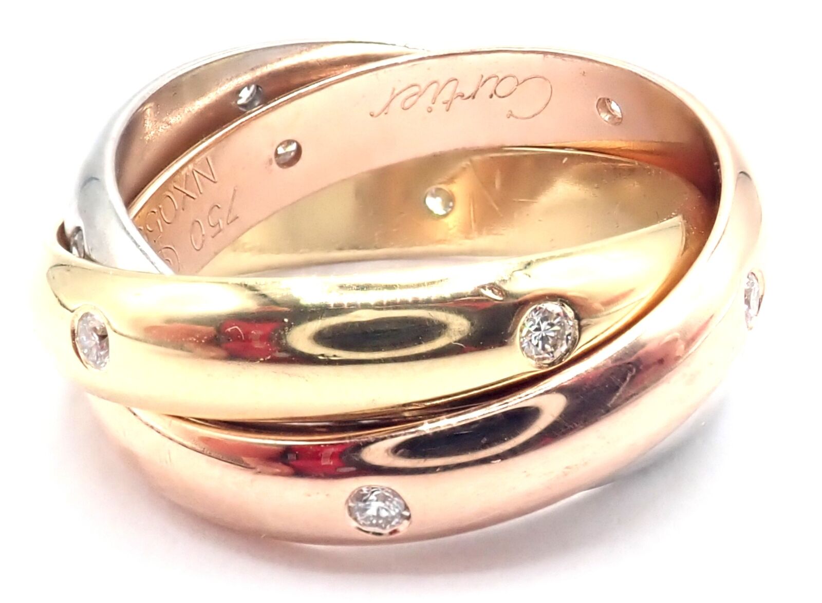 Authentic Cartier 18k Tri-Color Gold Diamond Trinity Band Ring - Size 5.75 with Certification - Perfect for Anniversary Gifts, Luxury Jewelry Collection & Special Occasions