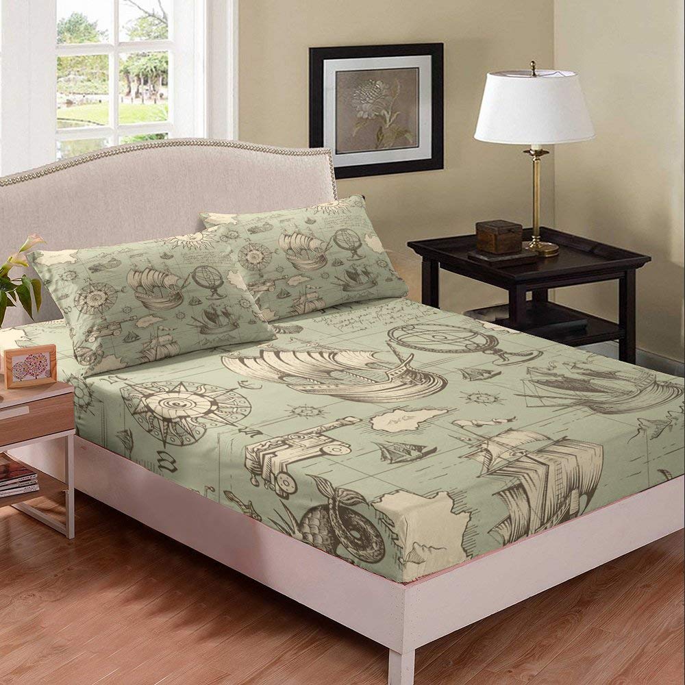 Vintage Nautical Chart Duvet Cover Set - Queen Size 3 Piece Bedding Set with Ship Compass Pattern, Soft Microfiber Deep Pocket Fitted Sheet & 2 Pillowcases - Perfect for Coastal Themed Bedrooms, Teen Rooms and Nautical Decor