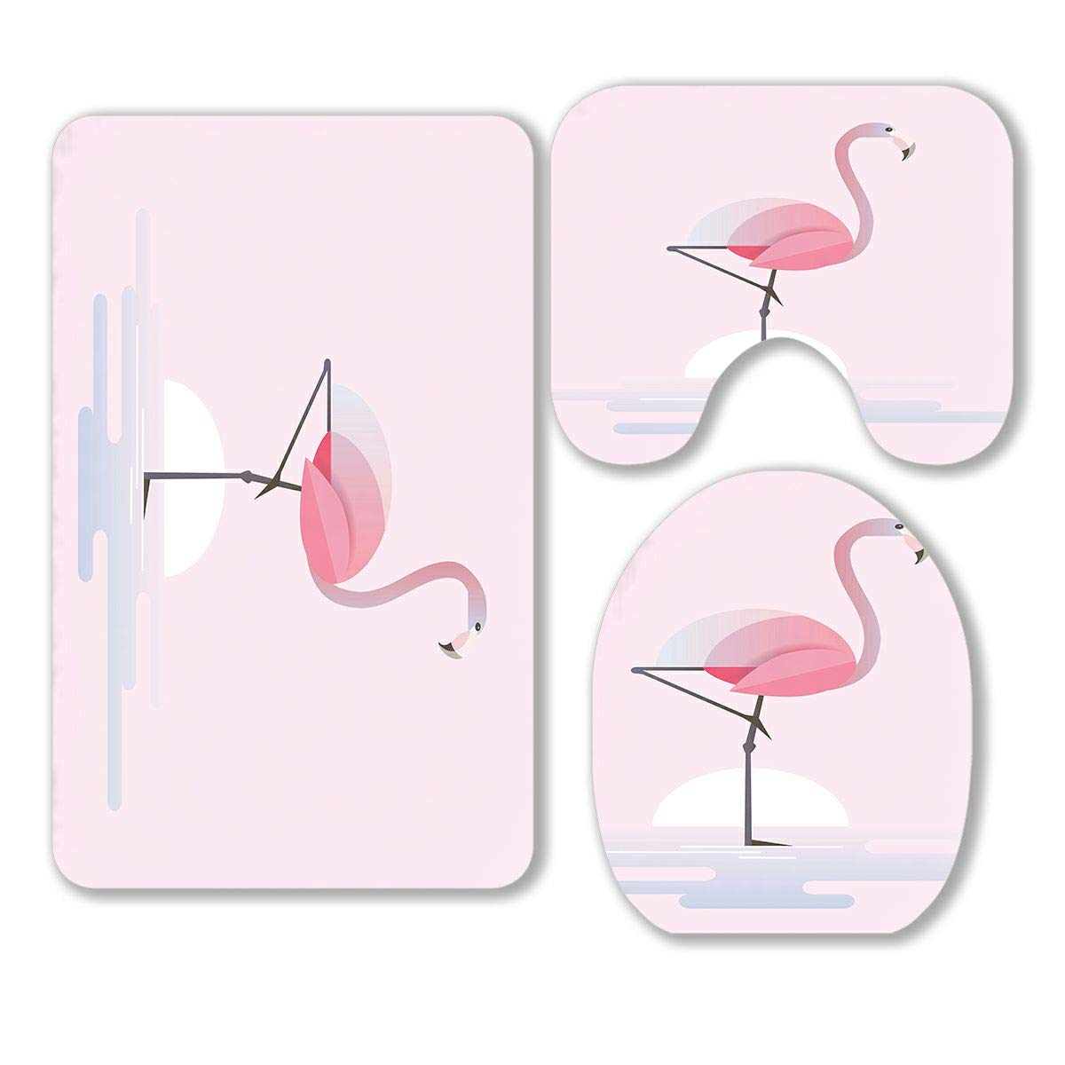 Modern Pink Flamingo Bathroom Rugs Set - 3 Piece Non-Slip Contour Mat & Toilet Lid Cover with Lake Sunrise Design - Soft Absorbent Microfiber for Bath, Powder Room & Guest Bath Decor