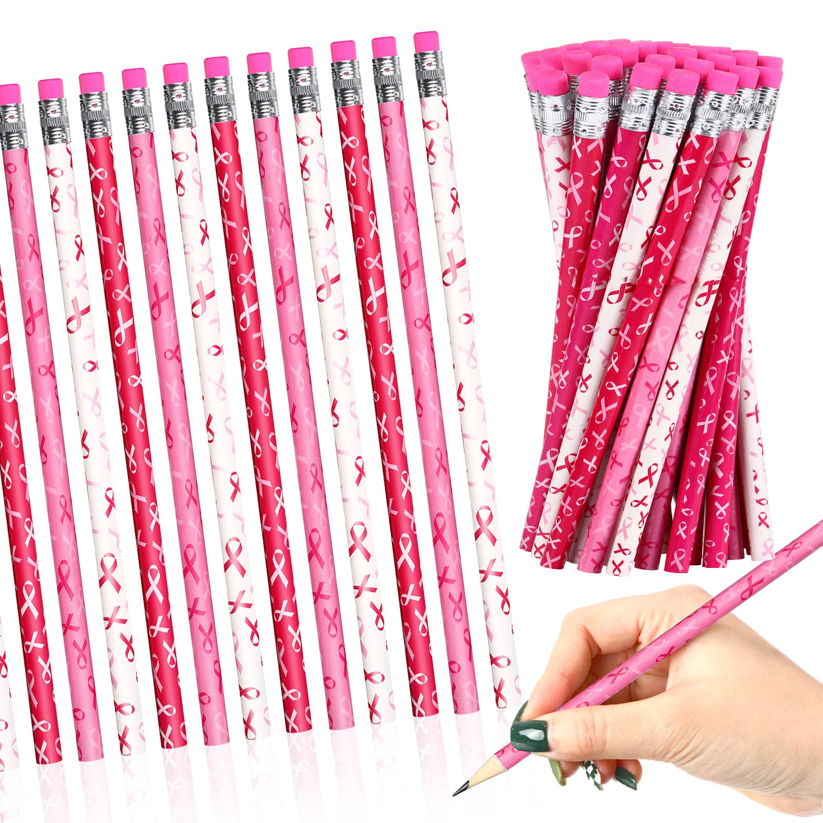 **72 Pack Pink Ribbon Wooden Pencils with Eraser - Breast Cancer Awareness HB Pencils for Charity, School, Office & Fundraising Events**