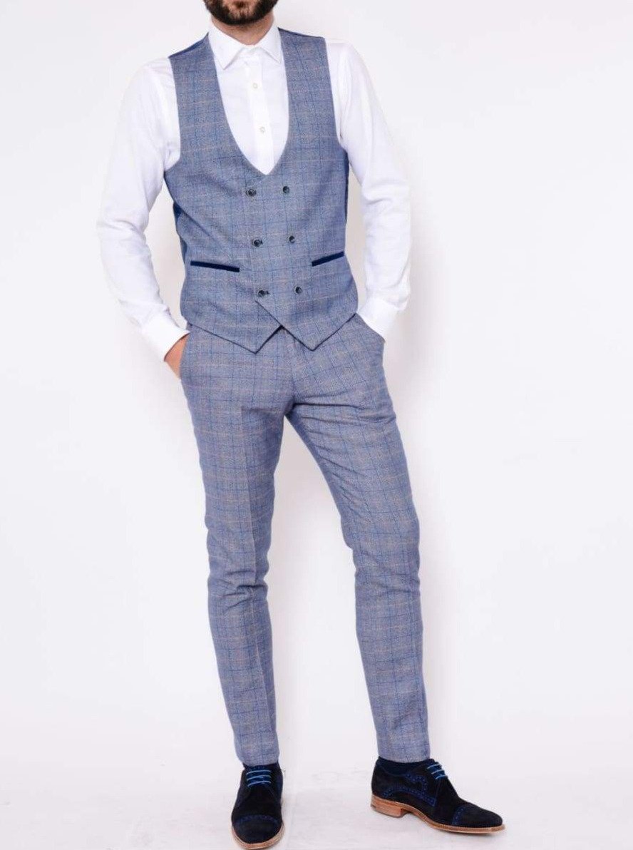 Marc Darcy Hilton Blue Tweed Check Double Breasted Waistcoat for Men - Elegant Formal Vest for Weddings, Business & Special Occasions