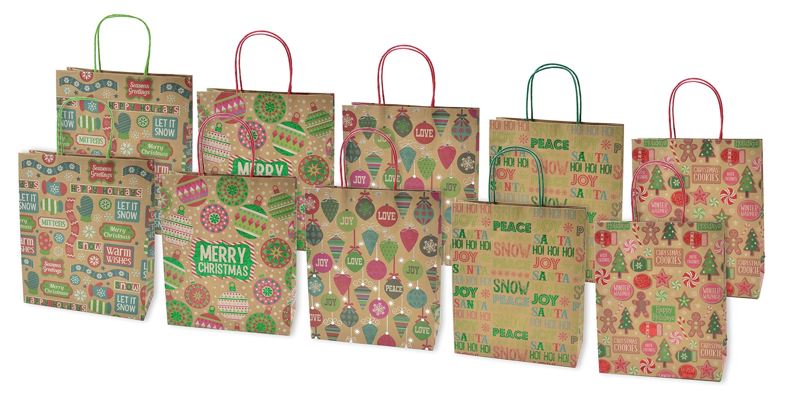 10 Pack Large Christmas Gift Bags with Glitter - Premium Kraft Paper Holiday Present Bags for Xmas Presents, Party Favors & Festive Gift Wrapping
