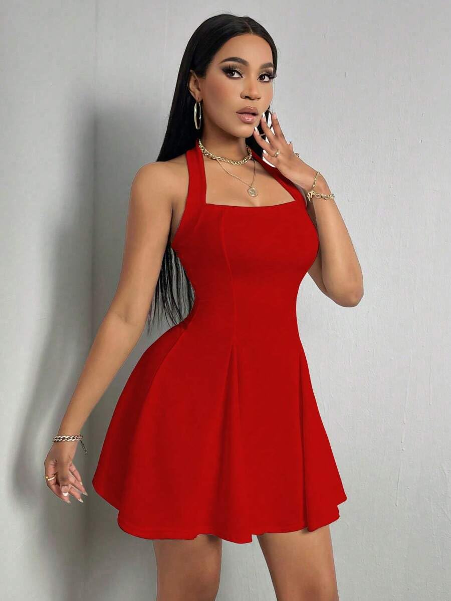 Narecte Women's Sexy Halter Neck Backless A-Line Mini Dress - Summer Casual Cute Dress for Beach, Party & Date Night