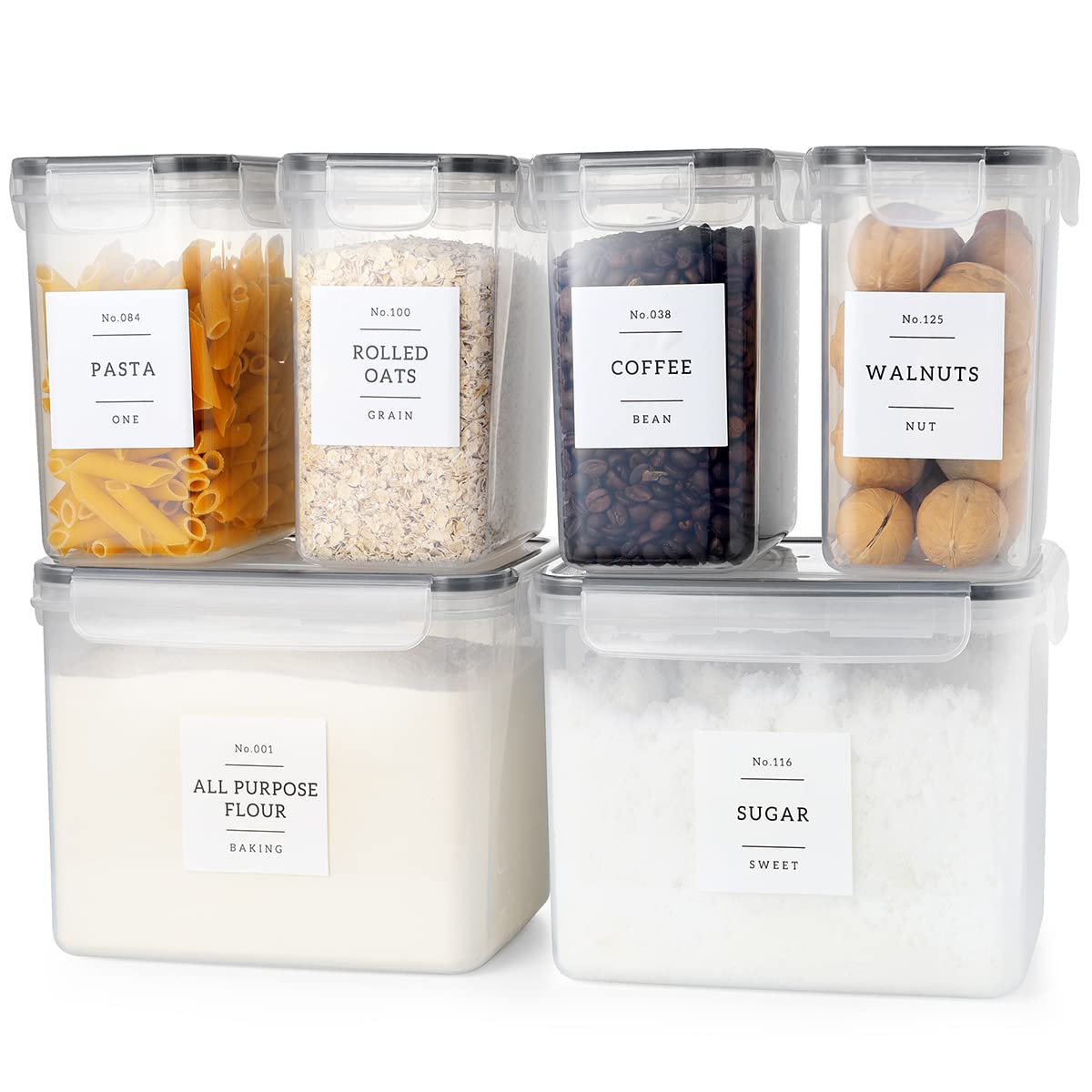 6-Piece Airtight Flour and Sugar Storage Containers Set with 132 Preprinted Pantry Labels - Stackable Plastic Food Canisters with Lids for Kitchen Organization | Perfect for Baking, Meal Prep & Pantry Storage