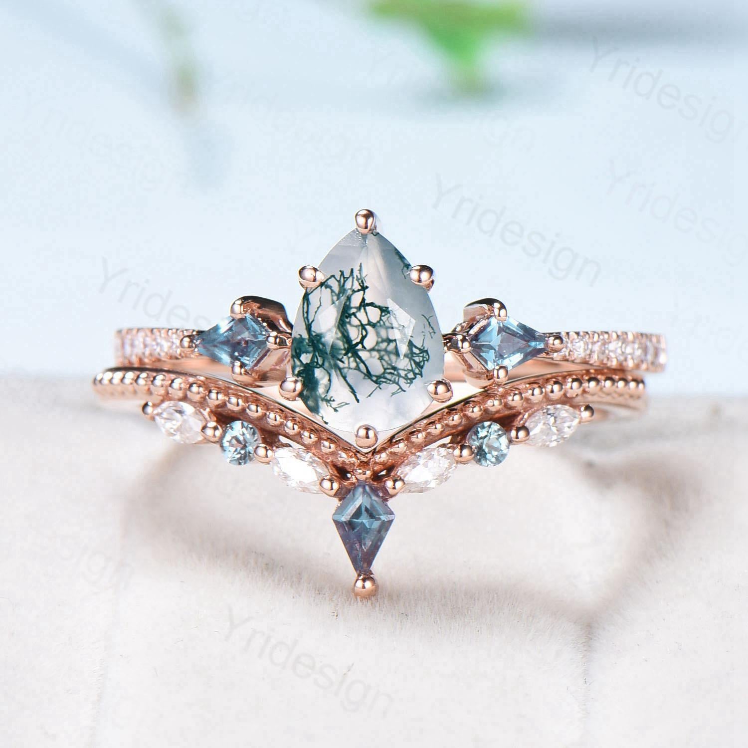 1.25 Carat Pear Shaped Natural Green Moss Agate Engagement Ring Set in Vintage 14k Rose Gold with Milgrain Detailing - Elegant Kite Agate Bridal Ring Set for Women - Perfect for Proposals, Weddings & Anniversary Gifts