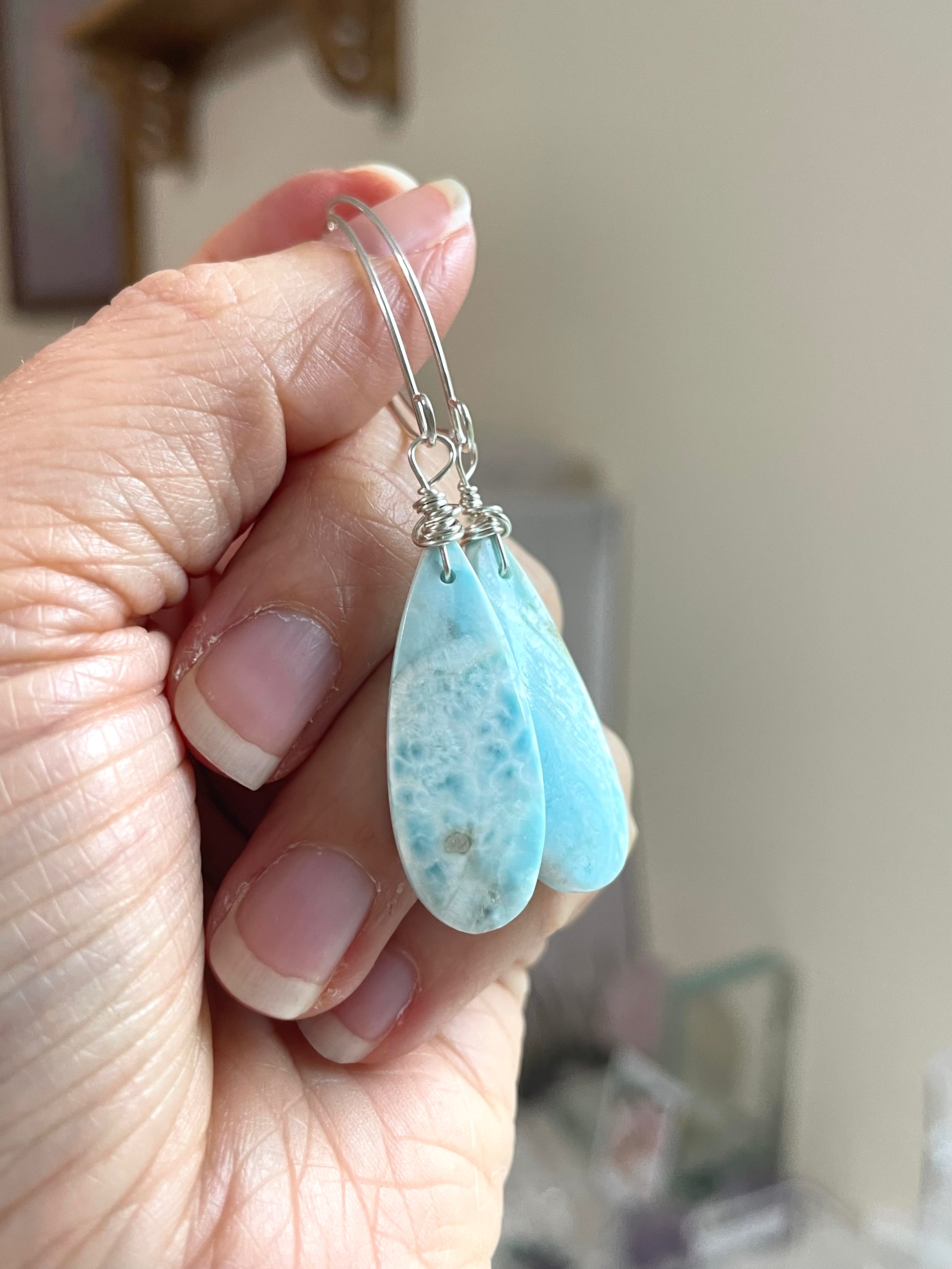 Long Larimar Earrings Dangle Sterling Silver – Handmade Blue Gemstone Jewelry for Women | Perfect for Weddings, Parties & Everyday Elegance