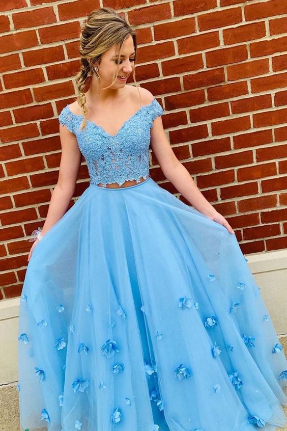 Light Blue 2 Piece Prom Dresses Off the Shoulder Long Evening Gowns with Floral Details - Perfect for Homecoming, Formal Events & Special Occasions