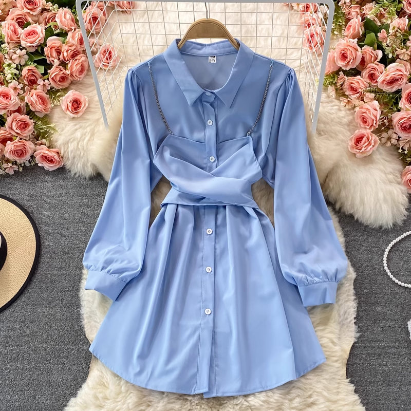 Korean Style Autumn Long Sleeve Shirt Dress for Women - Fashionable Loose Fit Tunic Top with Belt - Perfect for Office, Dating & Fall Outfits