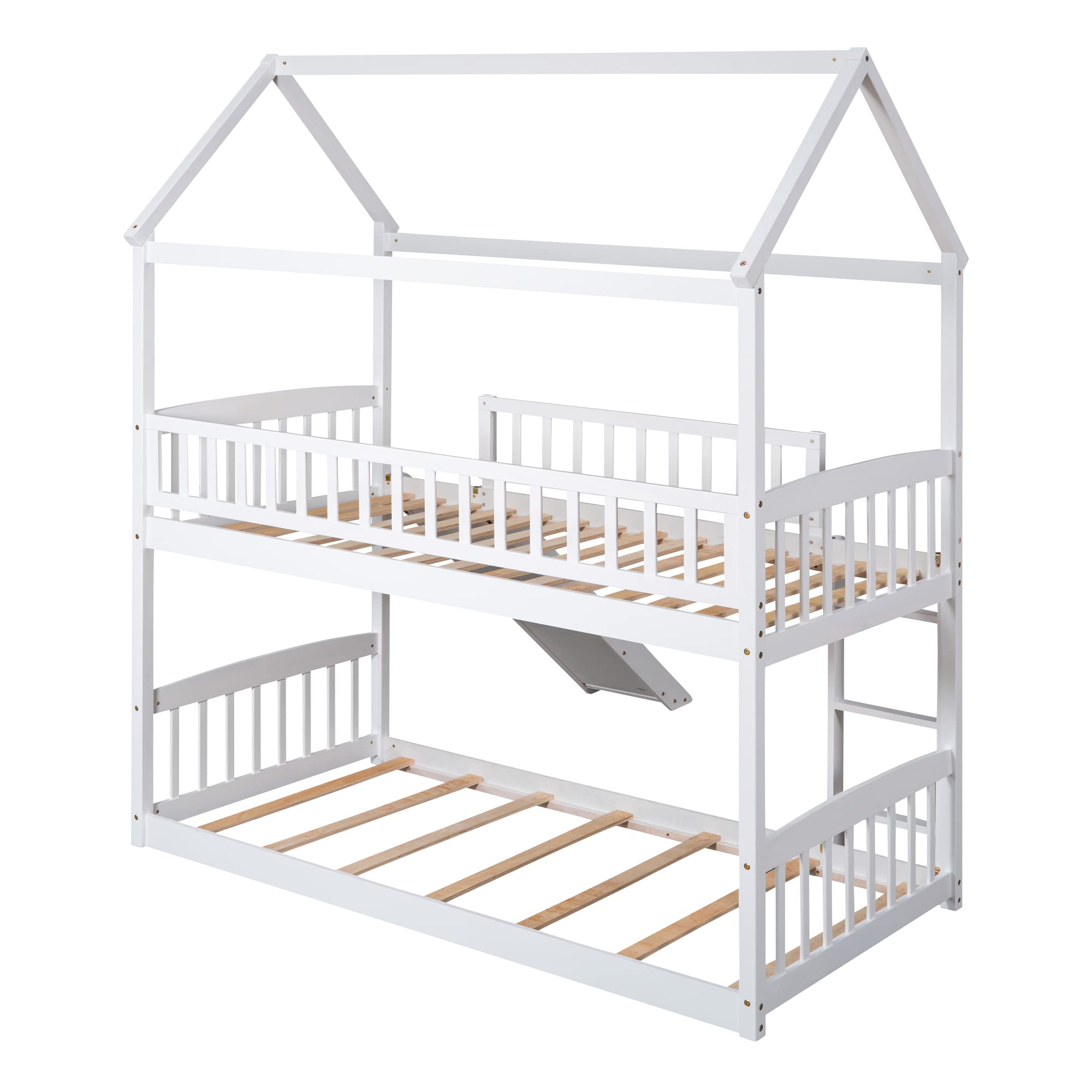 **Kids Wooden Twin Over Twin Bunk Bed with Slide - White Space-Saving Loft Bed for Boys & Girls - Perfect for Small Bedrooms, Playrooms & Shared Kids Rooms**
