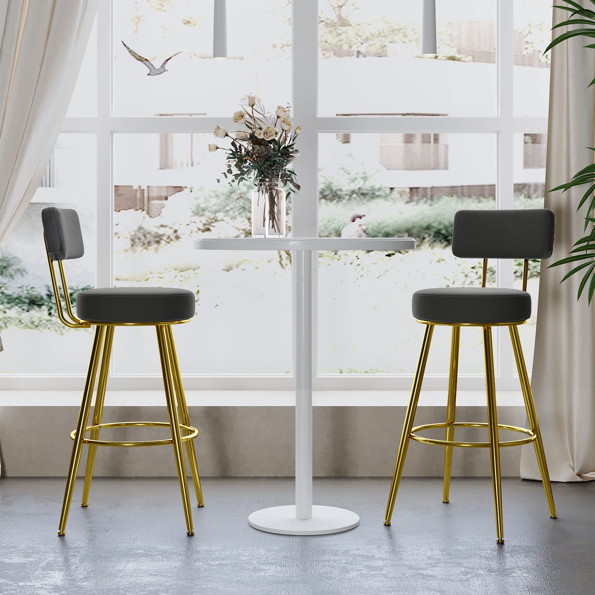 Modern Velvet Bar Stools Set of 2 - 39.4 Inch High Back Dining Chairs with Cushions for Home Bar, Kitchen Island & Dining Room - Gray and Gold Upholstered Seating for Stylish Entertaining & Comfort