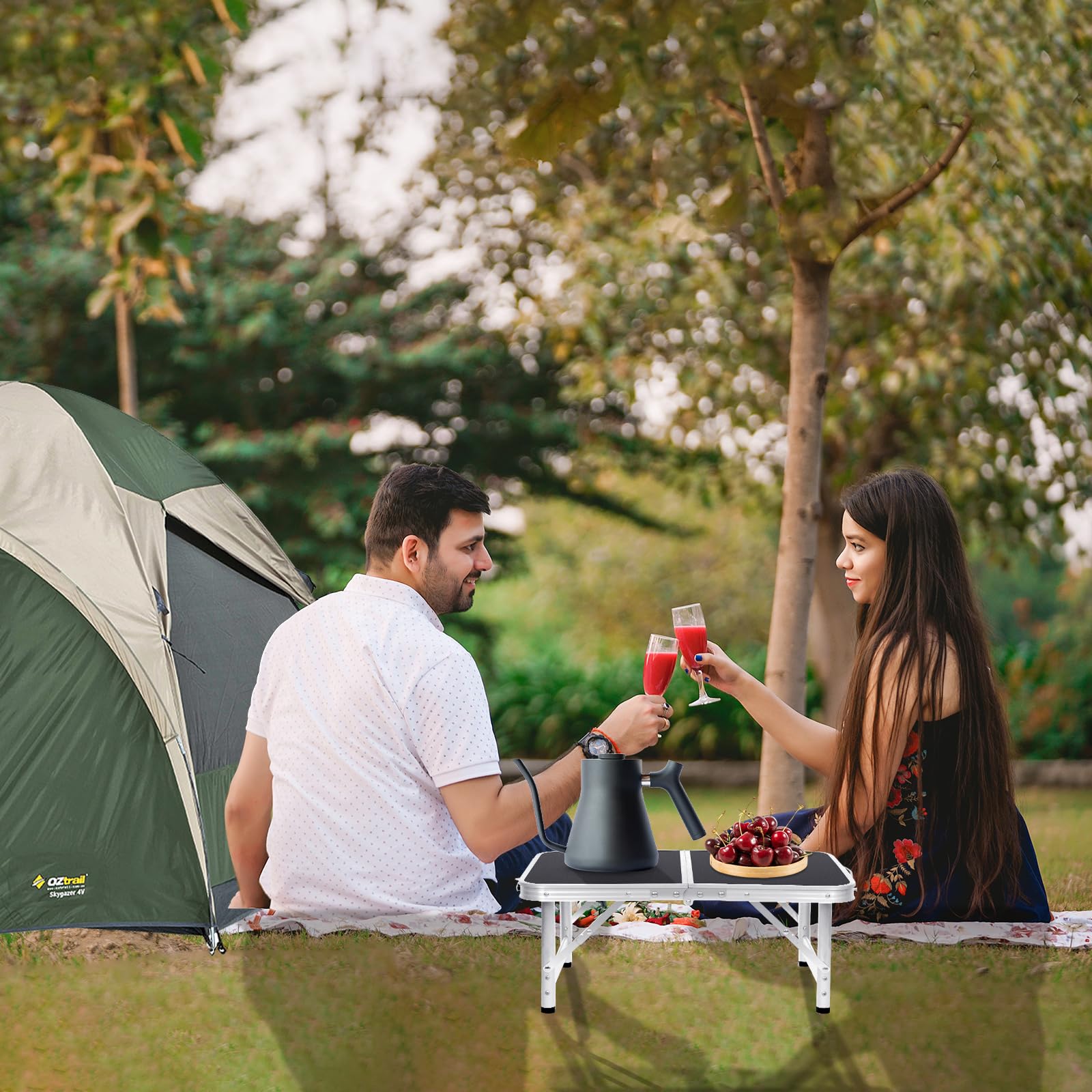 2FT Foldable Camping Table - Portable Picnic Table with 4 Height Adjustments, Small Folding Outdoor Table for Beach, BBQ, Tailgating & Backyard (23.6×15.7 inch, Black Metal Frame) - Perfect for Camping Trips, Picnics, Patio Parties & Outdoor Dining