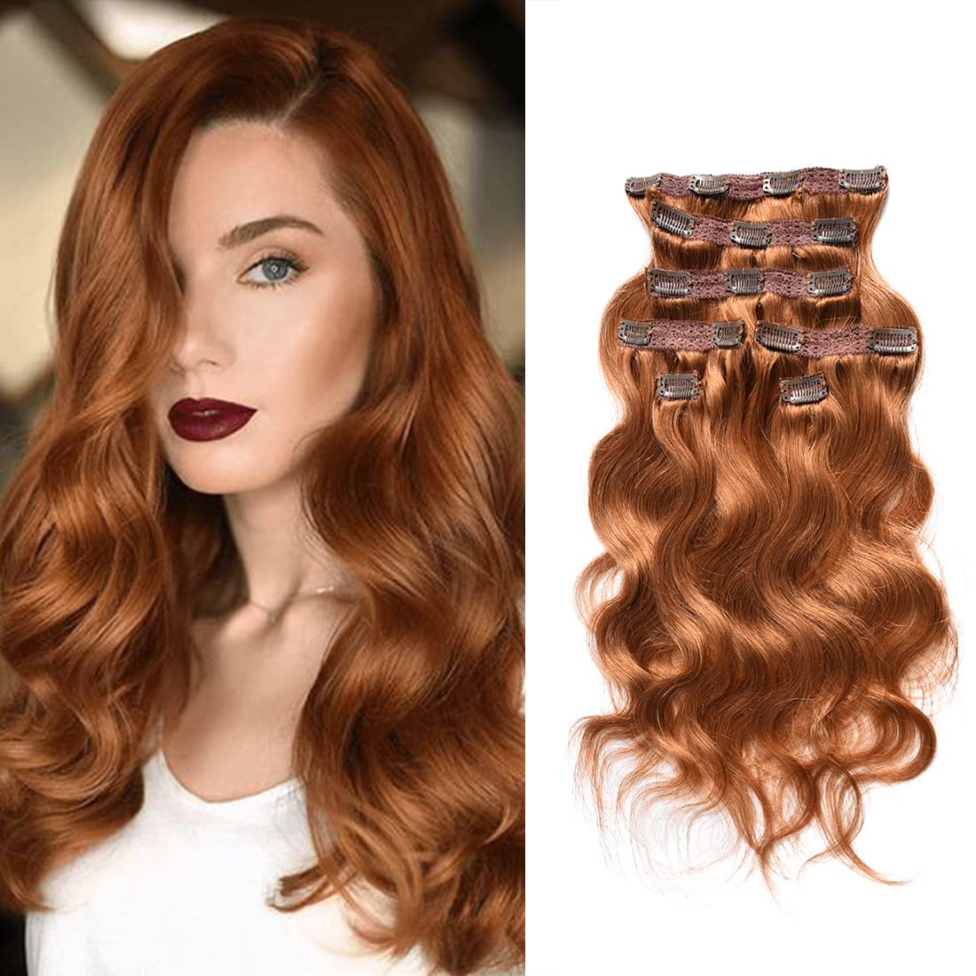 Brazilian Virgin Human Hair Clip-In Extensions 16 Inches Copper Red - 7Pcs Double Weft Set with 16 Clips (120g) for Volume & Length - Perfect for Parties, Weddings & Daily Styling