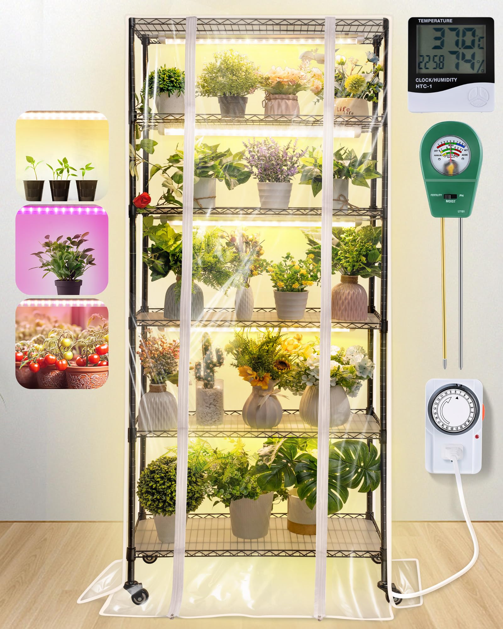 6 Tier Metal Plant Shelf with Grow Lights - 90W LED Indoor Greenhouse for Seed Starting, DIY Grow Rack with Cover, Timer, Thermometer & pH Meter | Perfect for Hydroponics, Herb Gardens & Small Space Gardening