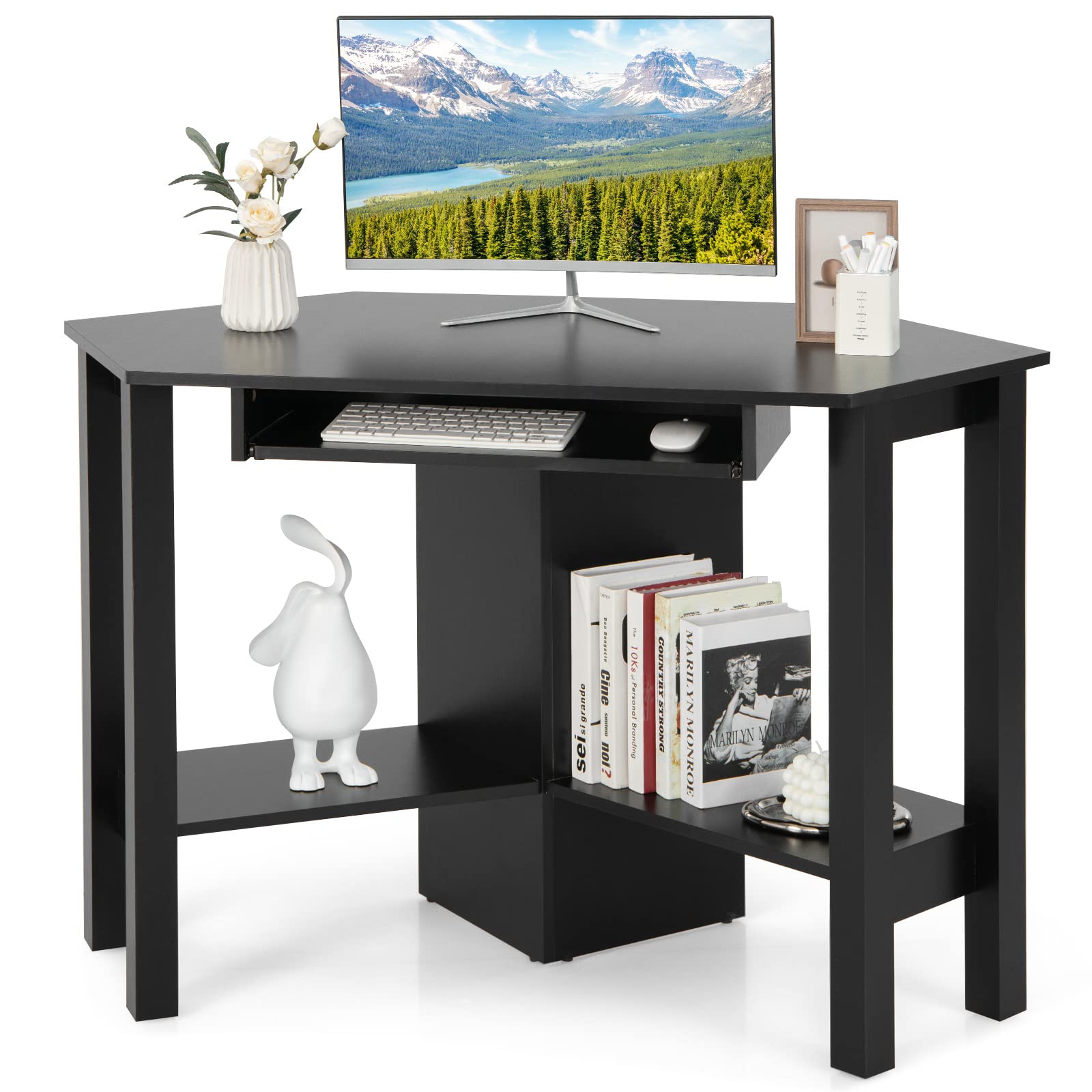 Tangkula Small Corner Desk with Keyboard Tray - Triangle Computer Desk for Bedroom, Home Office & Small Spaces - Space Saving Writing Desk with Storage Shelves - Perfect for Work, Study & Makeup Vanity