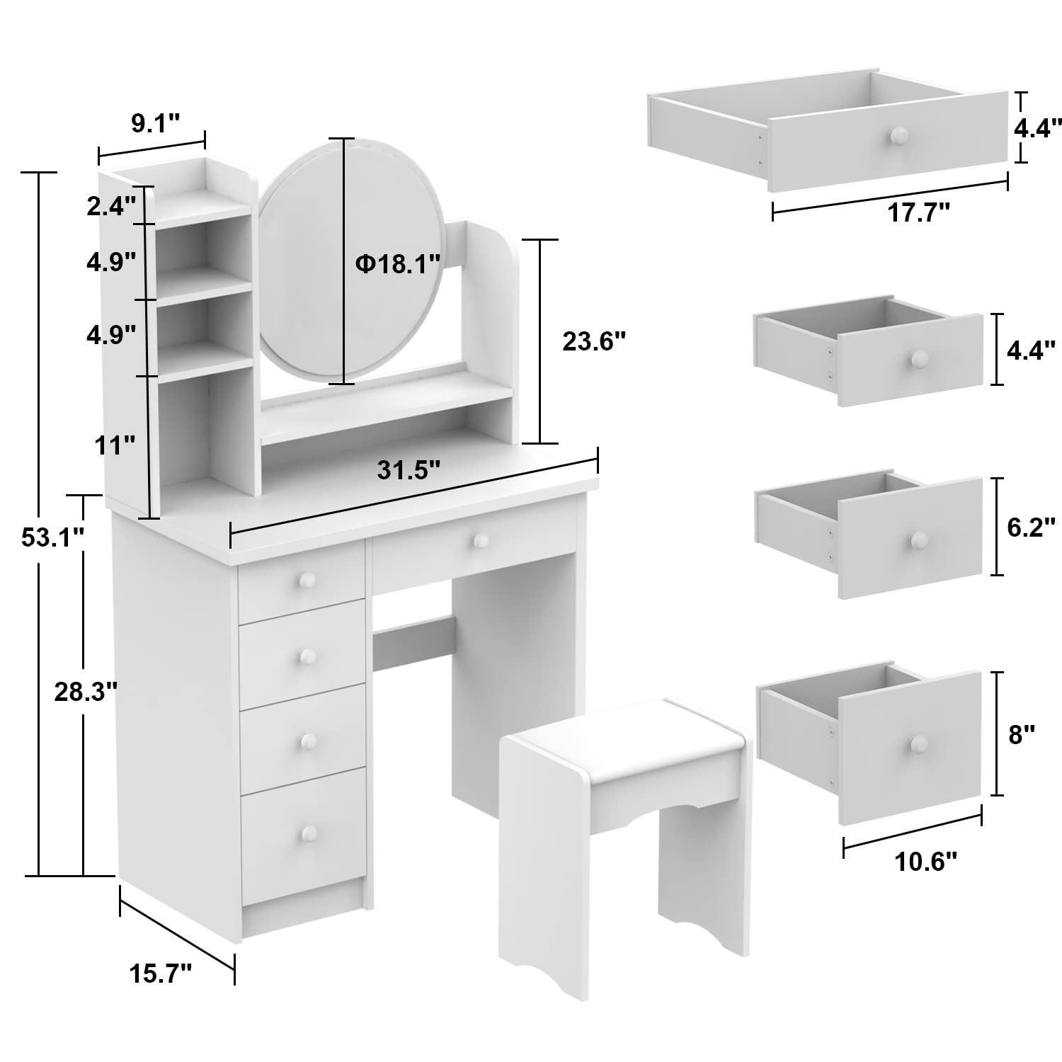 FAMAPY White Vanity Desk with LED Lights, Large Mirror & Storage Drawers - Makeup Dressing Table with Stool, Shelves for Bedroom, 31.5