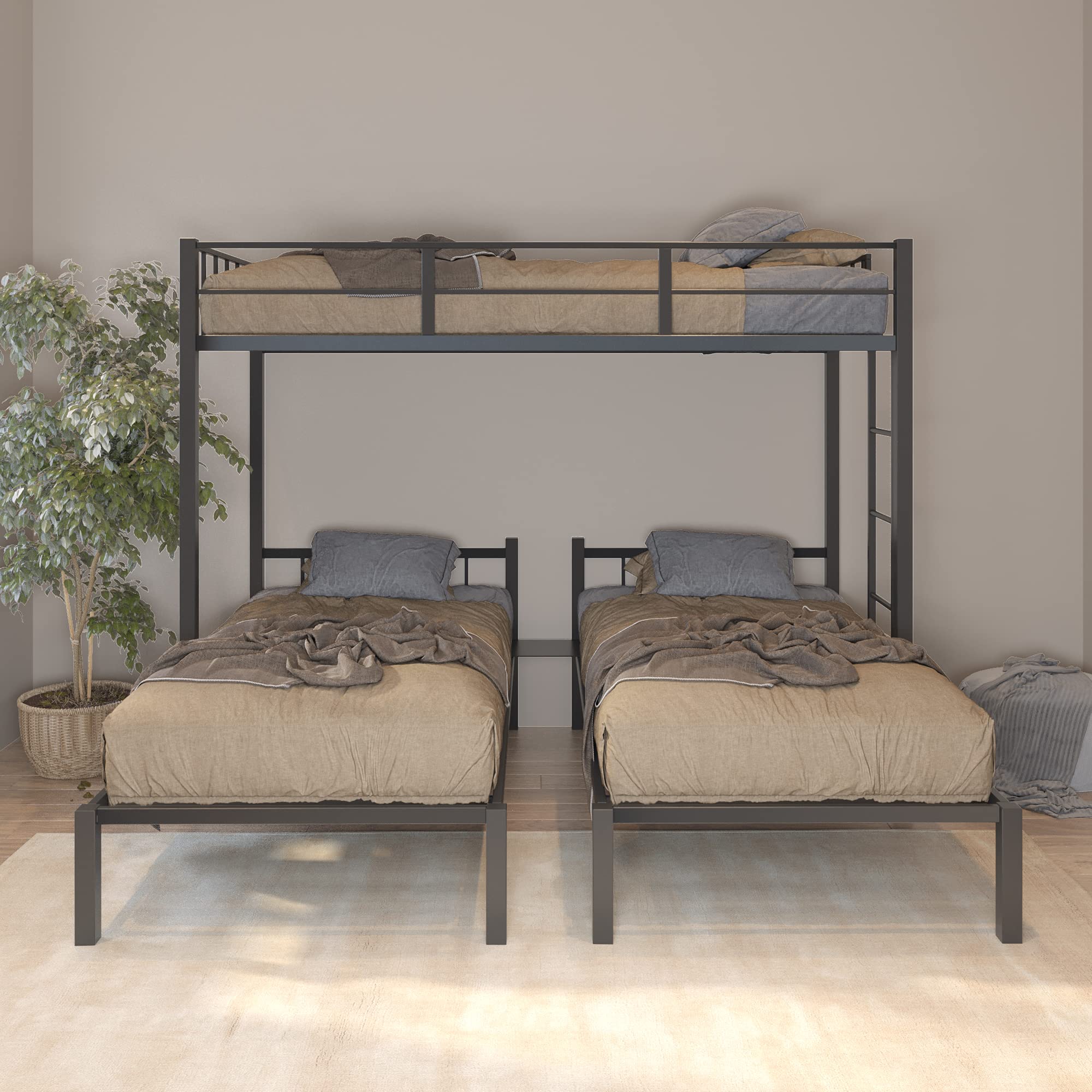 Sturdy Metal Triple Bunk Bed - Twin Over Twin Bunk Bed for Kids & Teens - Convertible to 3 Separate Twin Beds with Ladders & Safety Guardrails - Space-Saving Solution for Dorms, Shared Kids Rooms & Small Apartments (Black)