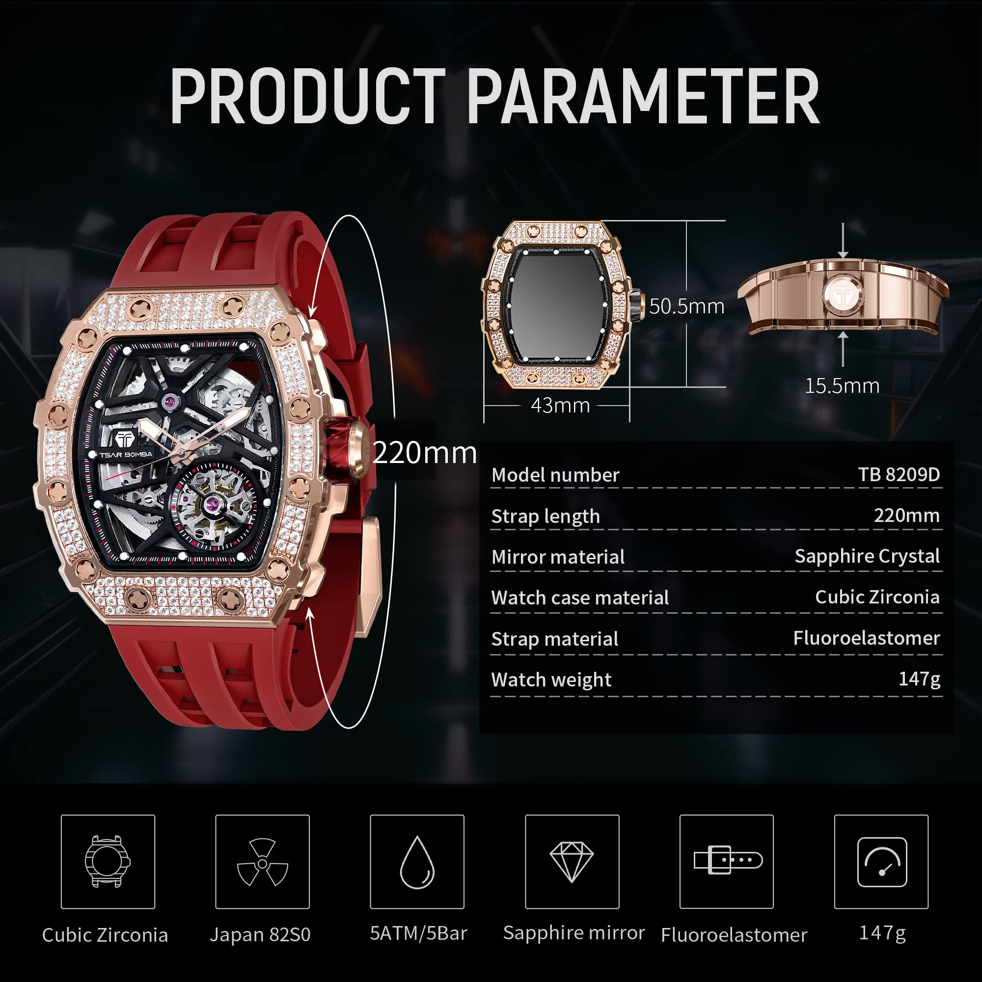Premium Automatic Skeleton Watches for Men - 50M Waterproof Luxury Mechanical Tonneau Watch with Fluoroelastomer Band (Red) - Ideal for Business Casual, Formal Events & Daily Wear - Perfect Gift for Men