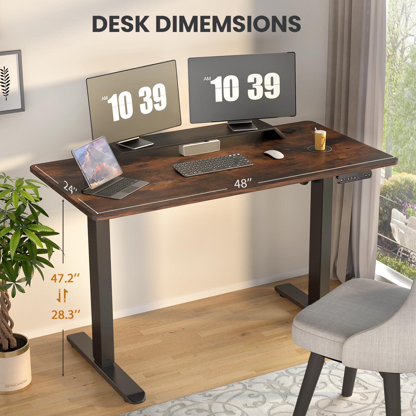 48 x 24 Inch Adjustable Height Standing Desk - Whole-Piece Desktop with 4 Memory Presets, Ergonomic Home Office Desk (Brown) | Perfect for Remote Work, Gaming & Study Spaces