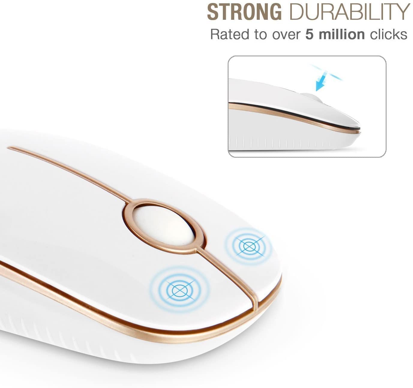 Vssoplor 2.4G Wireless Mouse Slim Portable Computer Mouse with Nano Receiver for Laptop, PC, Notebook - Ergonomic Design, Silent Click, White & Gold - Perfect for Office, Home, and Travel Use