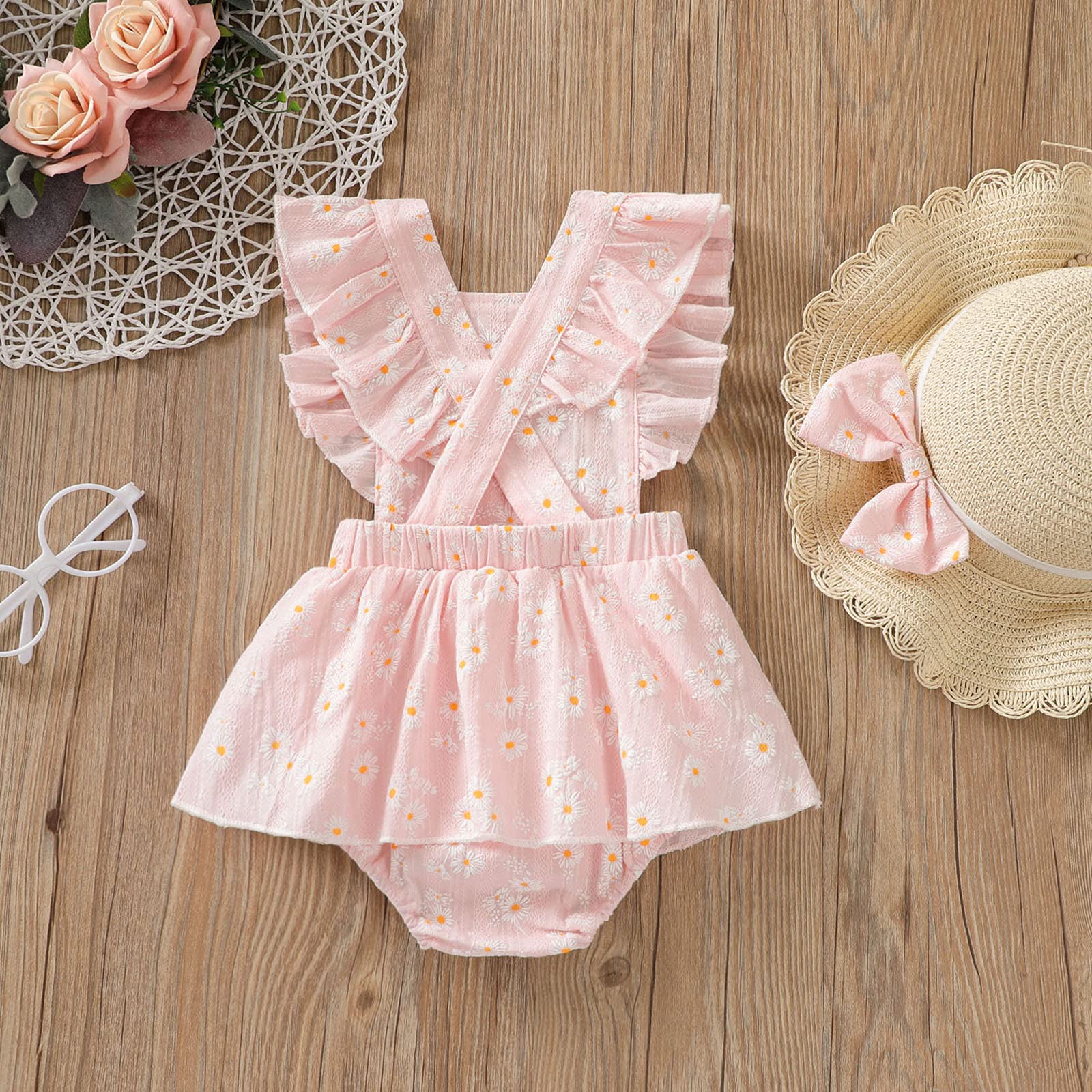 Newborn Baby Girl Clothes - Daisy Print Romper Dress with Flutter Sleeves | One-Piece Jumpsuit & Headband Set | Perfect for Summer Outfits, Photoshoots & Special Occasions
