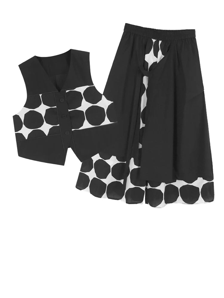 Big Size Black Dot Vest & Wide Leg Pants Two-Piece Suit - V Neck Sleeveless Women's Fashion Set for Spring & Autumn 2025 | Office Wear, Casual Outfit, Party Ensemble (Style 1DJ1105)