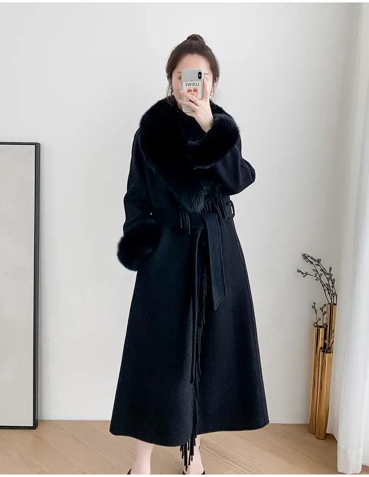 Luxury Women's Real Fur Winter Coat - Cashmere Wool Blend Jacket with Fox Fur Collar, Long Tassel Design, Warm Streetwear Outerwear for Winter Fashion, Parties & Cold Weather Protection