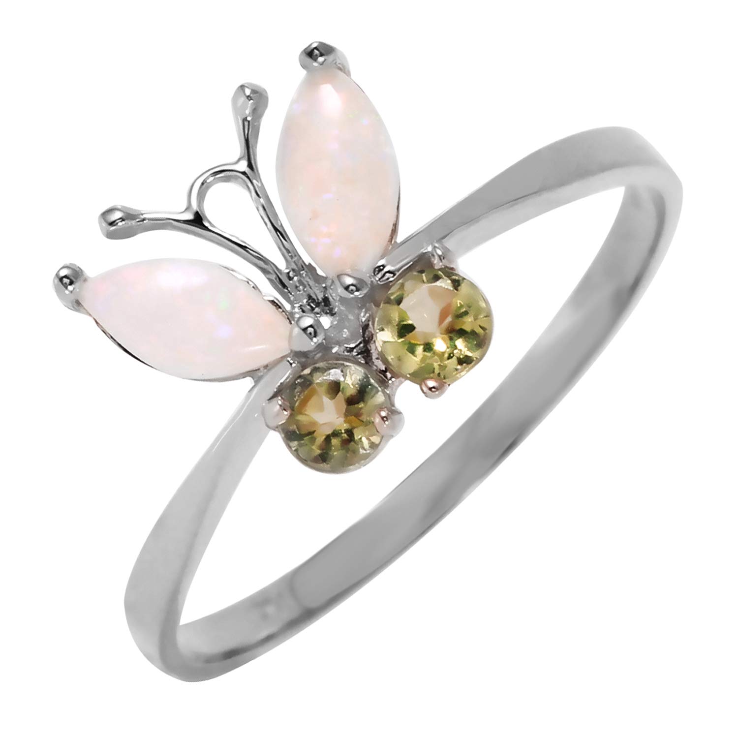 14K Solid White Gold Butterfly Ring with 0.7 Carat Natural Opal & Peridot - Elegant Jewelry for Women, Perfect for Anniversary, Birthday & Special Occasion Gifts