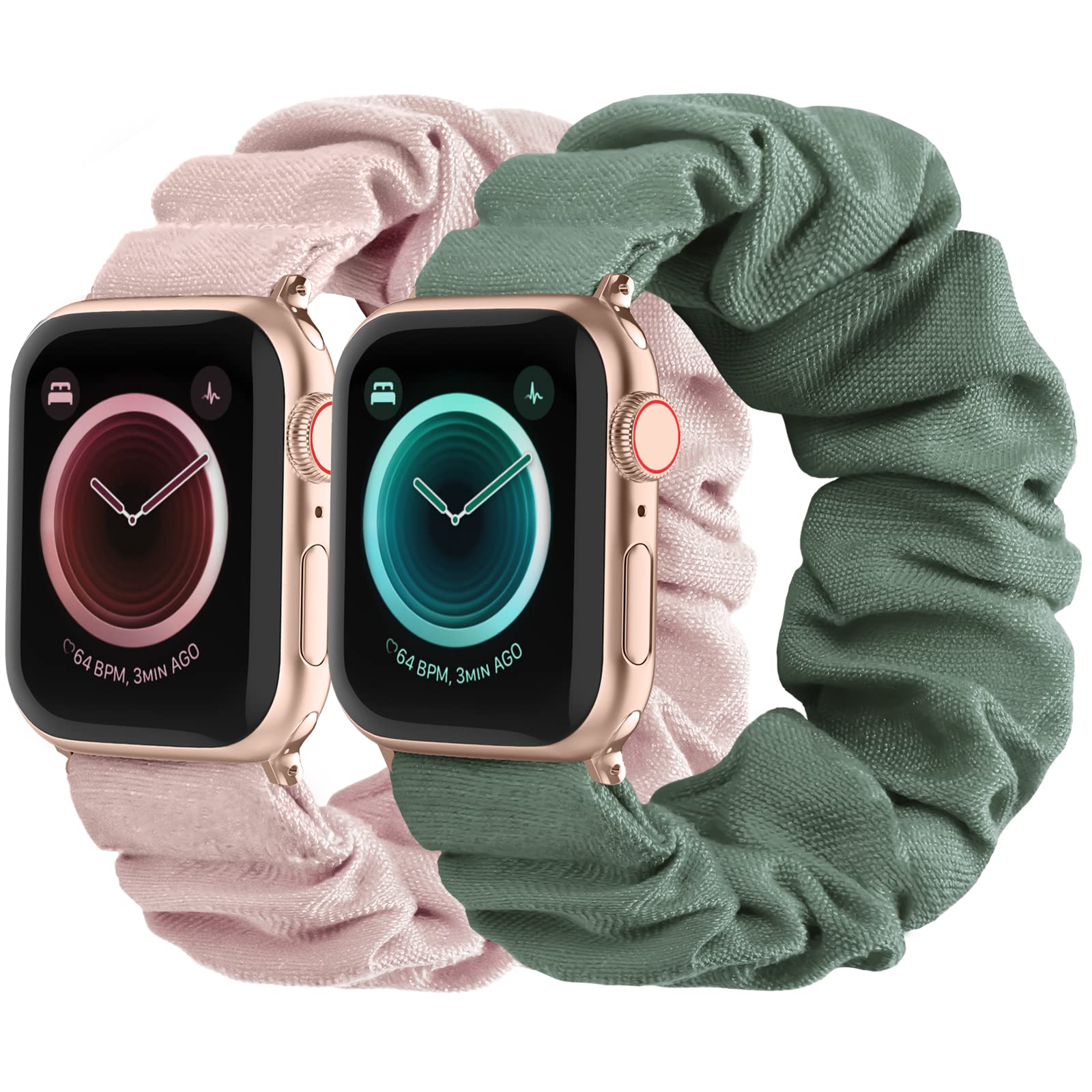 Compatible Scrunchies Apple Watch Bands 38mm 40mm 41mm - Soft Fabric Elastic Wristbands for Women, iWatch Series 8/7/6/5/4/3/2/1/SE - Stylish Printed Pattern (Large Pink & Green) - Perfect for Workouts, Yoga & Everyday Fashion Accessories