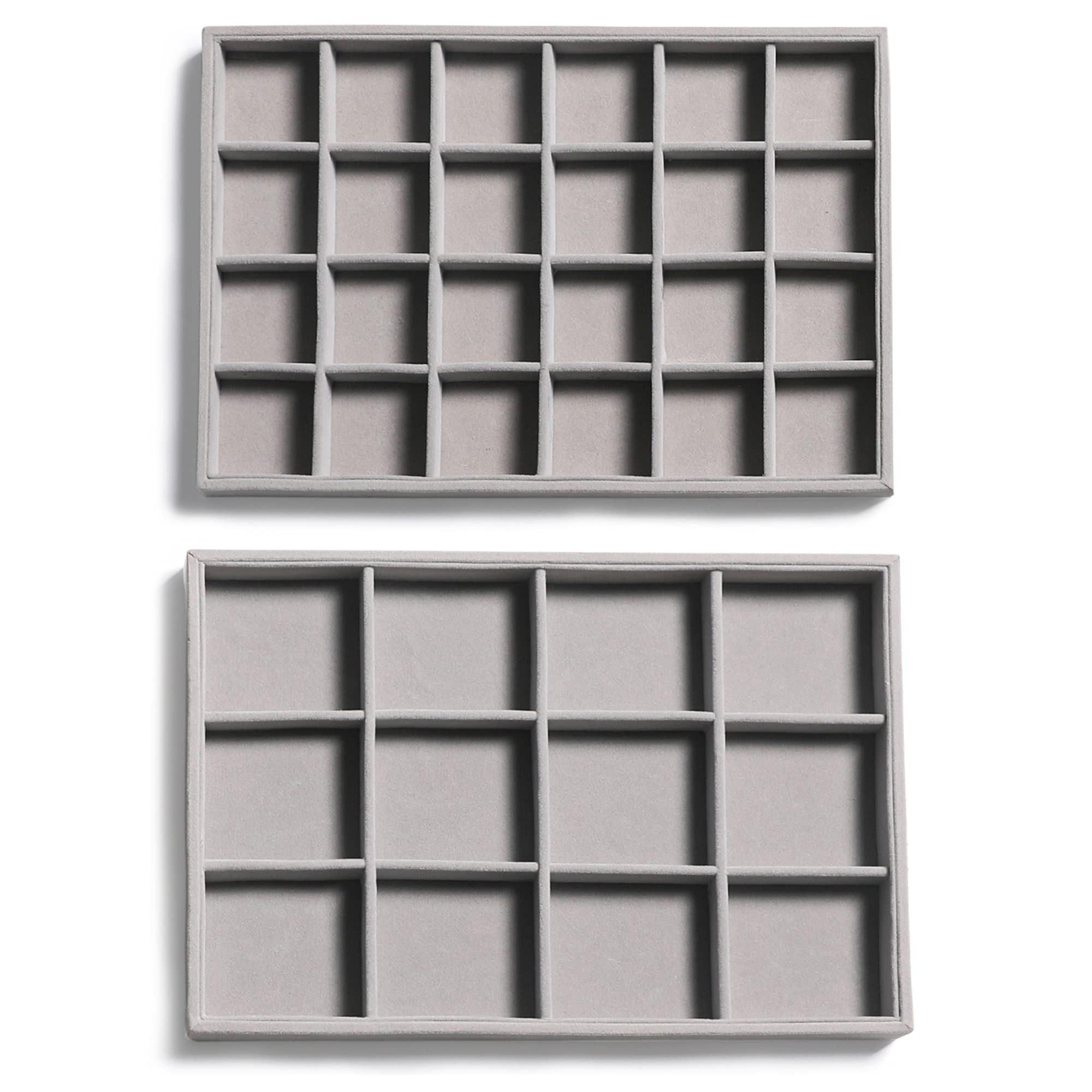 Frebeauty Stackable Velvet Jewelry Organizer Trays - 2-Piece Set for Necklaces, Rings, Bracelets & Earrings | Drawer Inserts & Display Case for Women & Girls (Grey) | Perfect for Bedroom Vanity, Closet & Travel Jewelry Storage