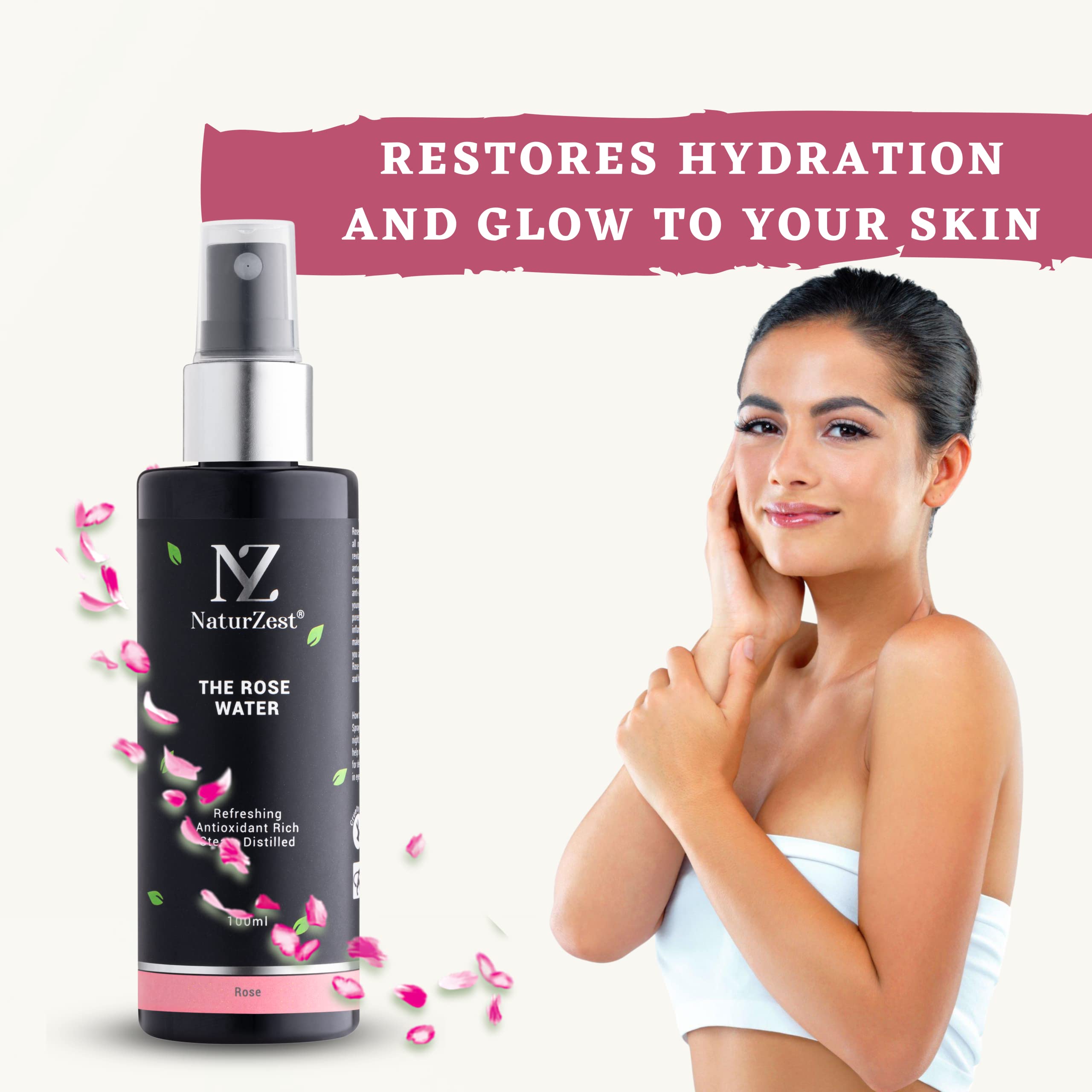 NaturZest Premium 100% Pure Rose Water Facial Toner - Alcohol-Free Hydrating Mist for Glowing Skin | Reduces Pores, Fine Lines & Wrinkles | Refreshing Natural Skincare Spray (100ml) for Daily Hydration, Makeup Setting & Post-Workout Refreshment