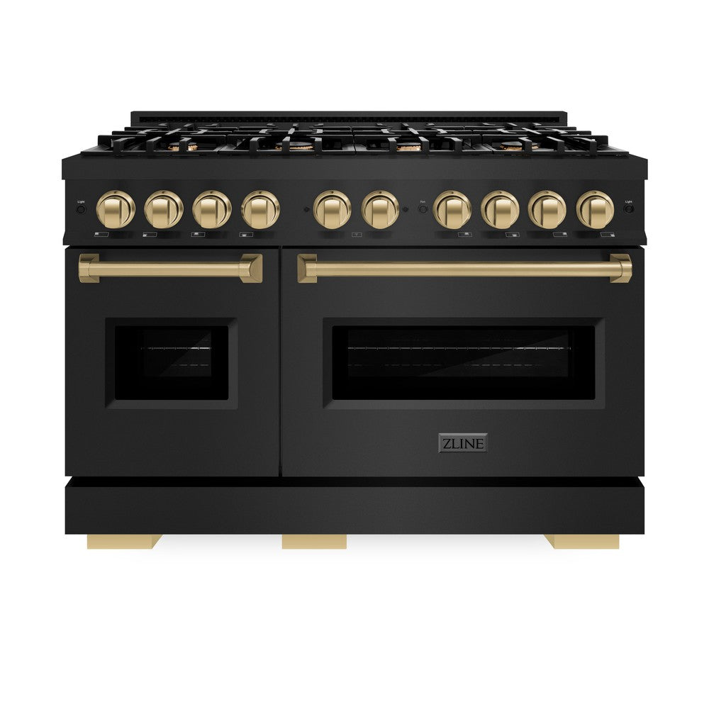 ZLINE Autograph Edition 48-Inch 6.7 cu. ft. Dual Fuel Range with 8-Burner Gas Cooktop & Double Oven - Black Stainless Steel with Champagne Bronze Accents (CDRBZ 48 CB) - Perfect for Gourmet Cooking & Entertaining in Modern Kitchens