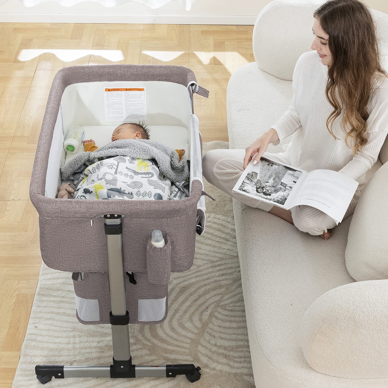 iHoming Portable Baby Bassinet Bedside Sleeper - Adjustable Newborn Crib with Storage Basket & Easy Folding Design - Perfect for Nursery, Bedroom & Travel (Khaki)