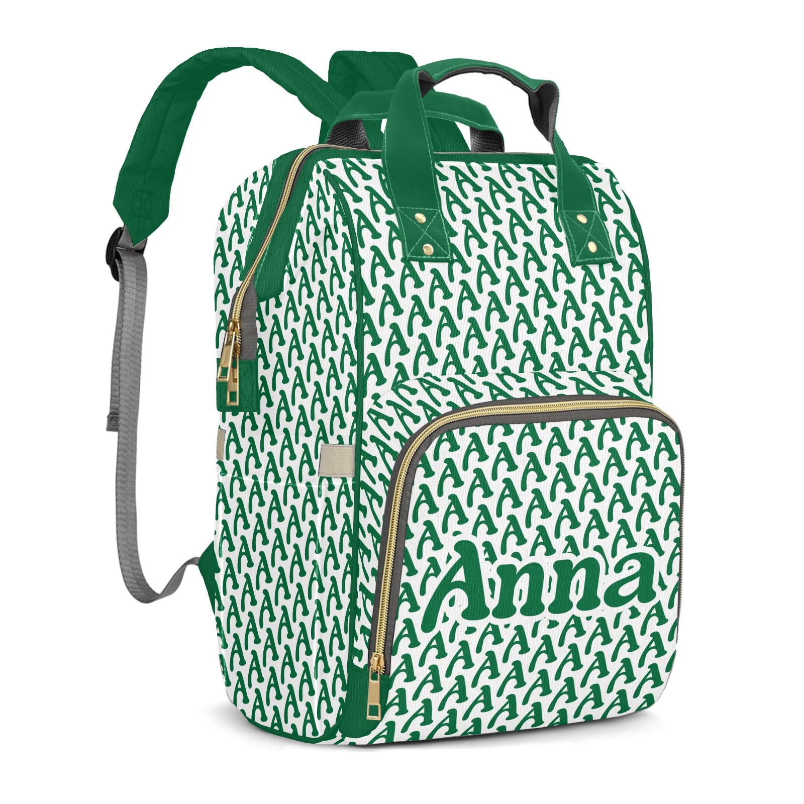 Stylish Green Alphabet Print Diaper Backpack - Personalized Baby Bag for Moms & Dads | Perfect for Nursing, Travel & Everyday Use