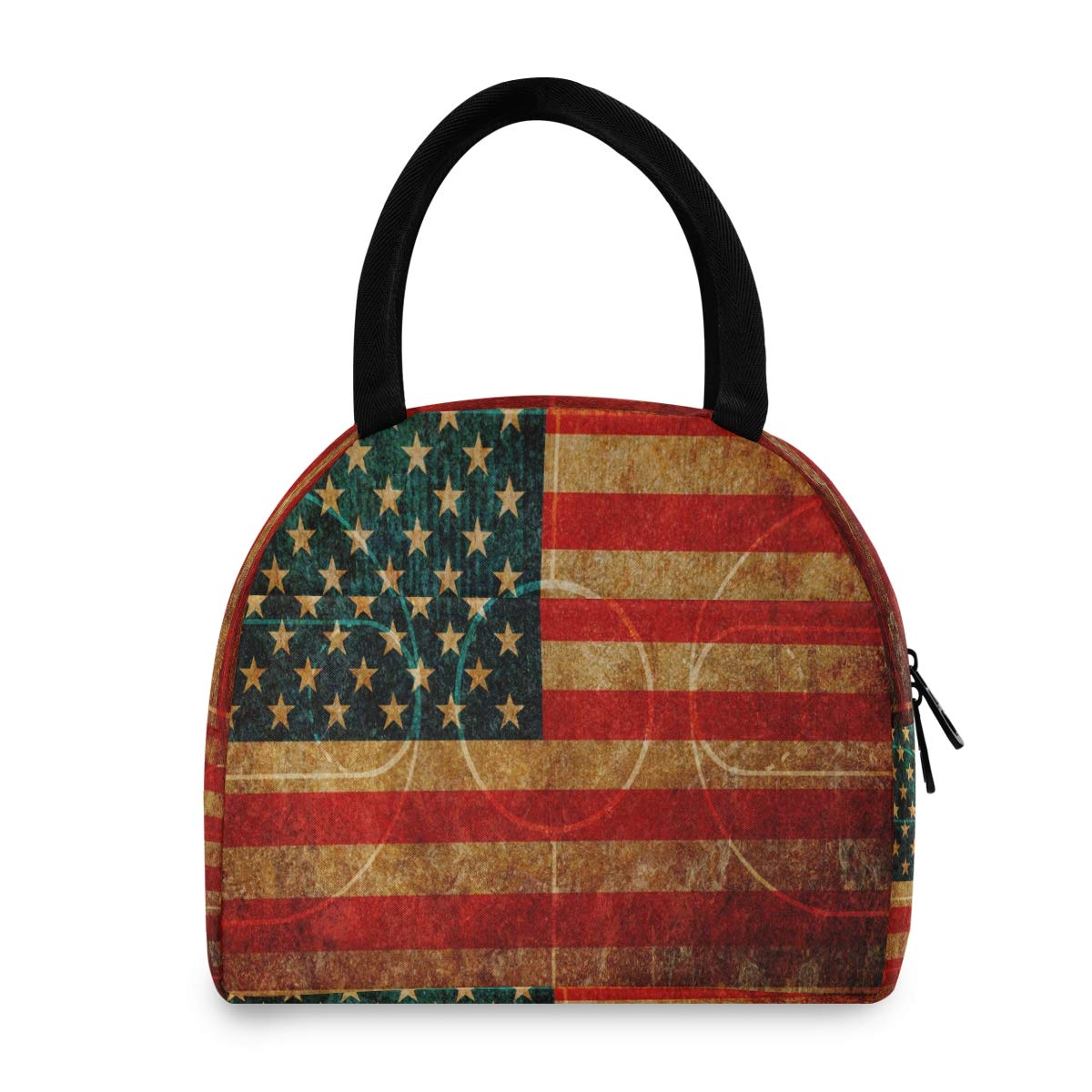 Vintage American USA Flag Basketball Insulated Lunch Bag - Thermal Cooler Tote for Office, School, Picnic, Beach & Hiking - Durable Lunch Box for Women, Men & Adults - Perfect for Work, Outdoor Activities & Daily Use
