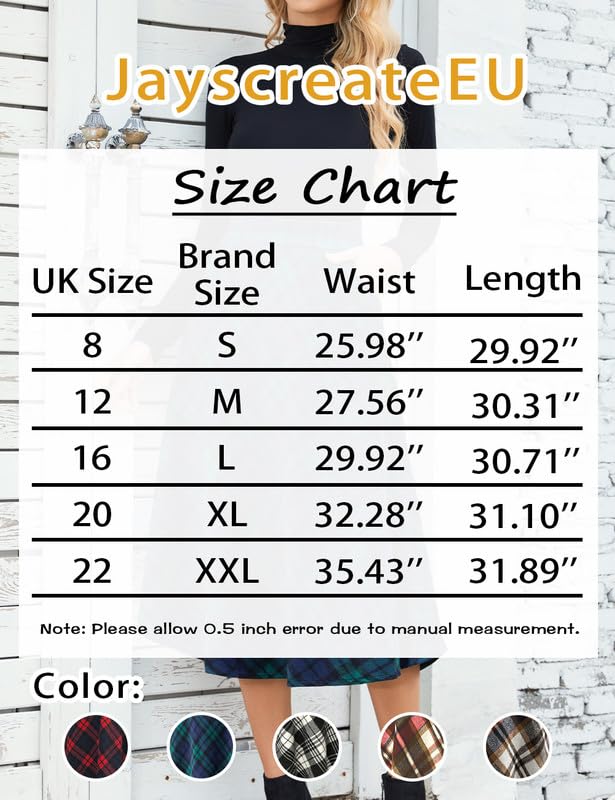 JayscreateEU Women's Midi Plaid Skirt with Pockets - High Elastic Waist Flowy Long Skirt for Office, Party & Casual Wear